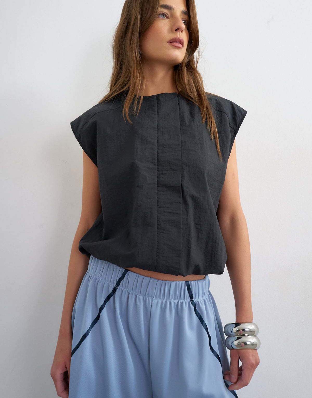 Topshop longline piping detail sports shorts in light blue