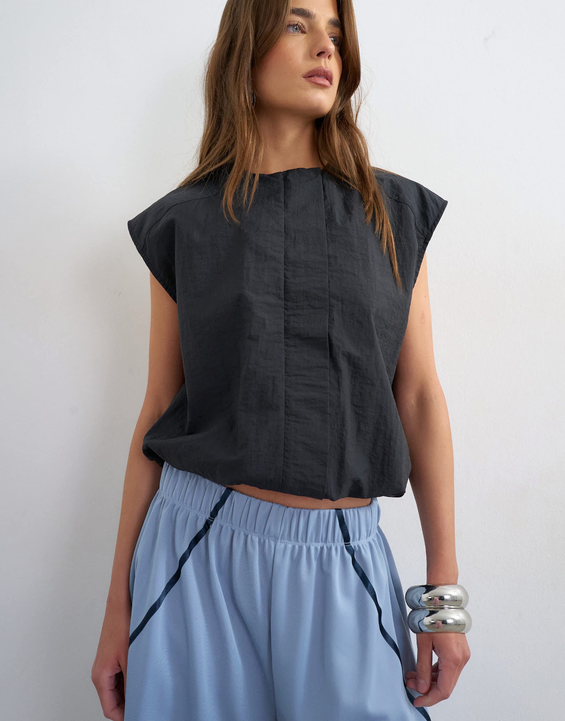 Topshop longline piping detail sports shorts in light blue