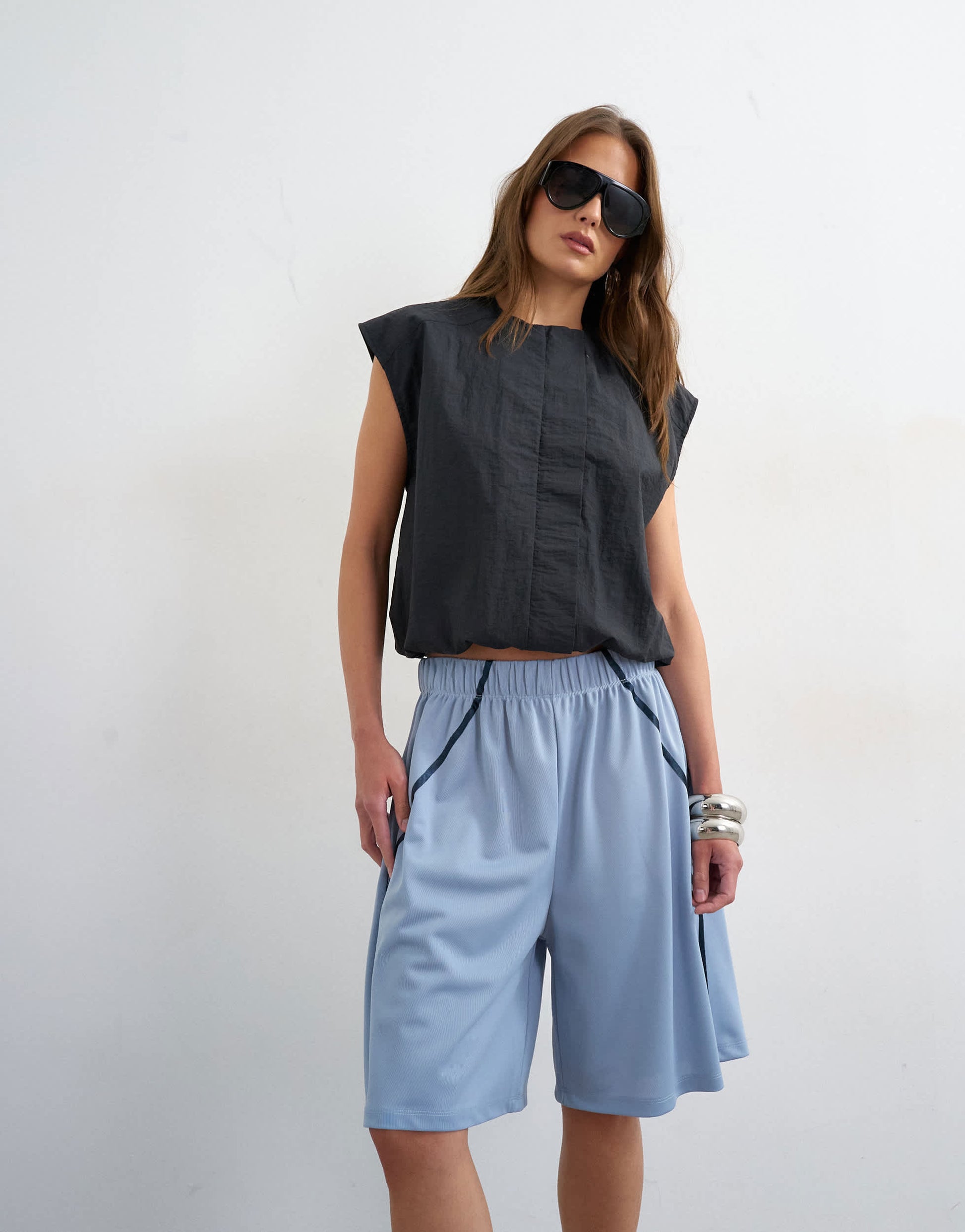 Topshop longline piping detail sports shorts in light blue