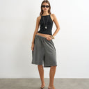 Topshop washed long line tie detail shorts in washed charcoal