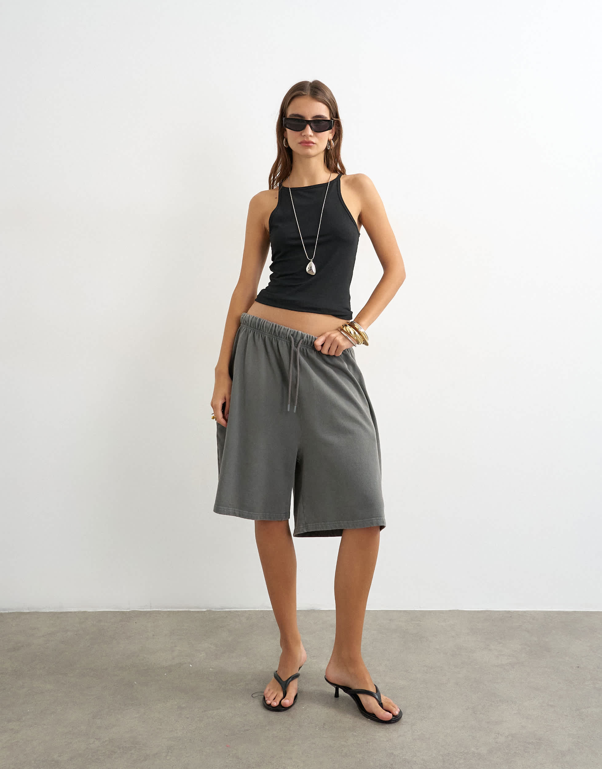Topshop washed long line tie detail shorts in washed charcoal