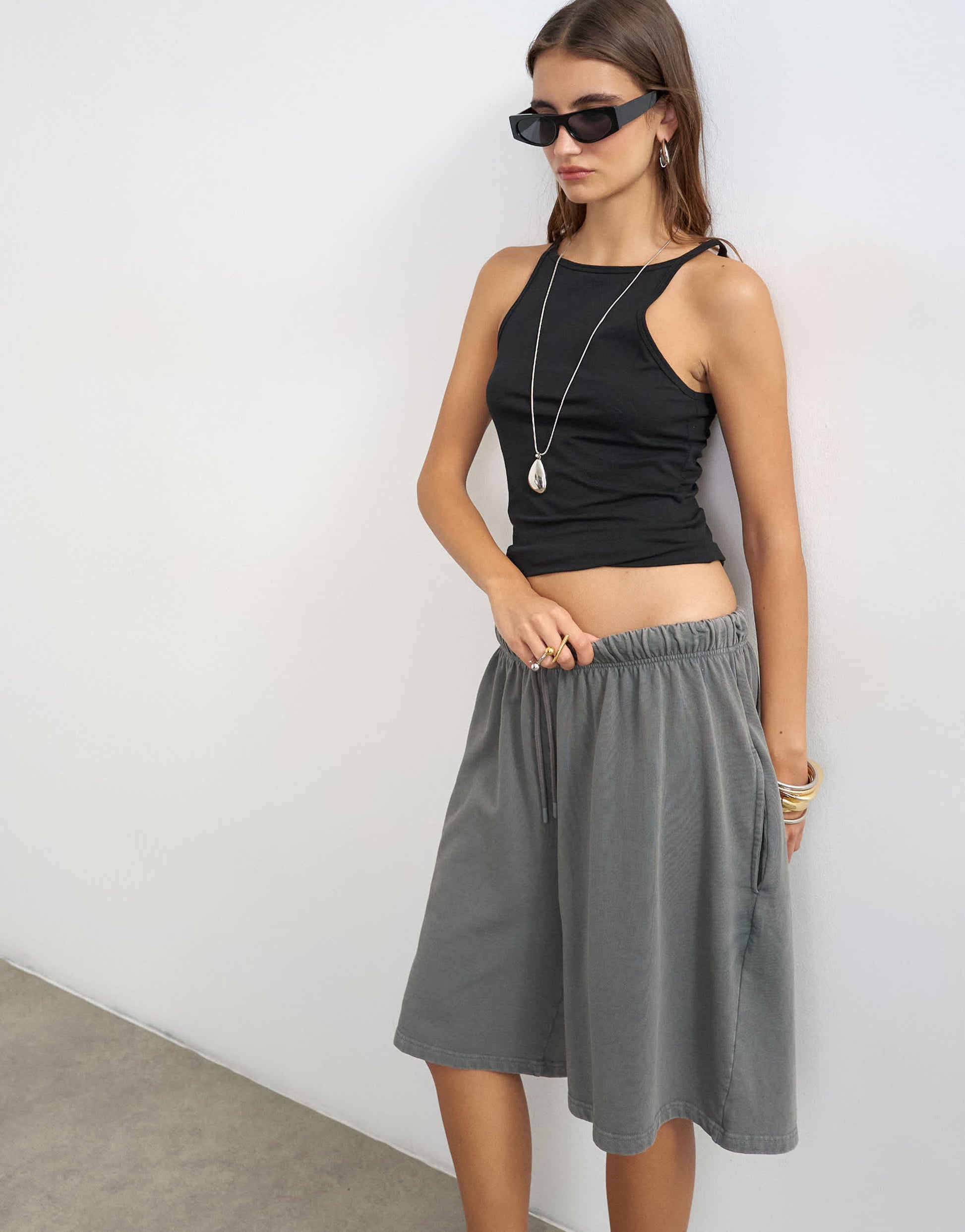 Topshop washed long line tie detail shorts in washed charcoal