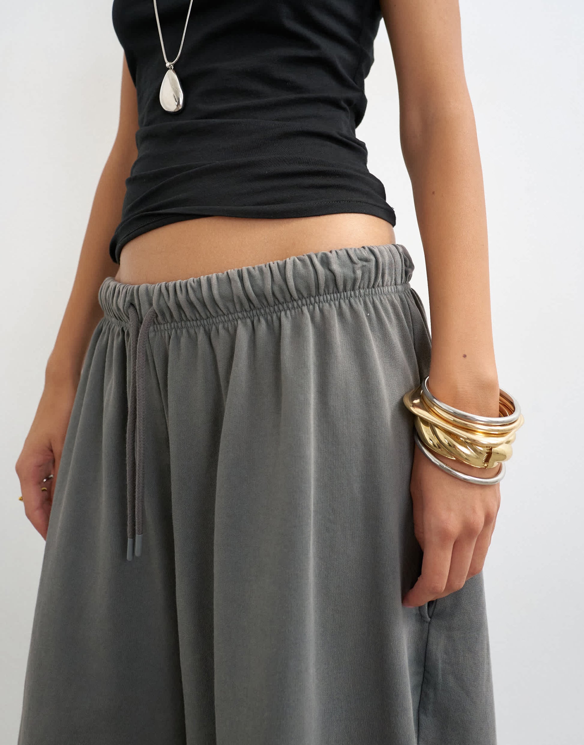 Topshop washed long line tie detail shorts in washed charcoal