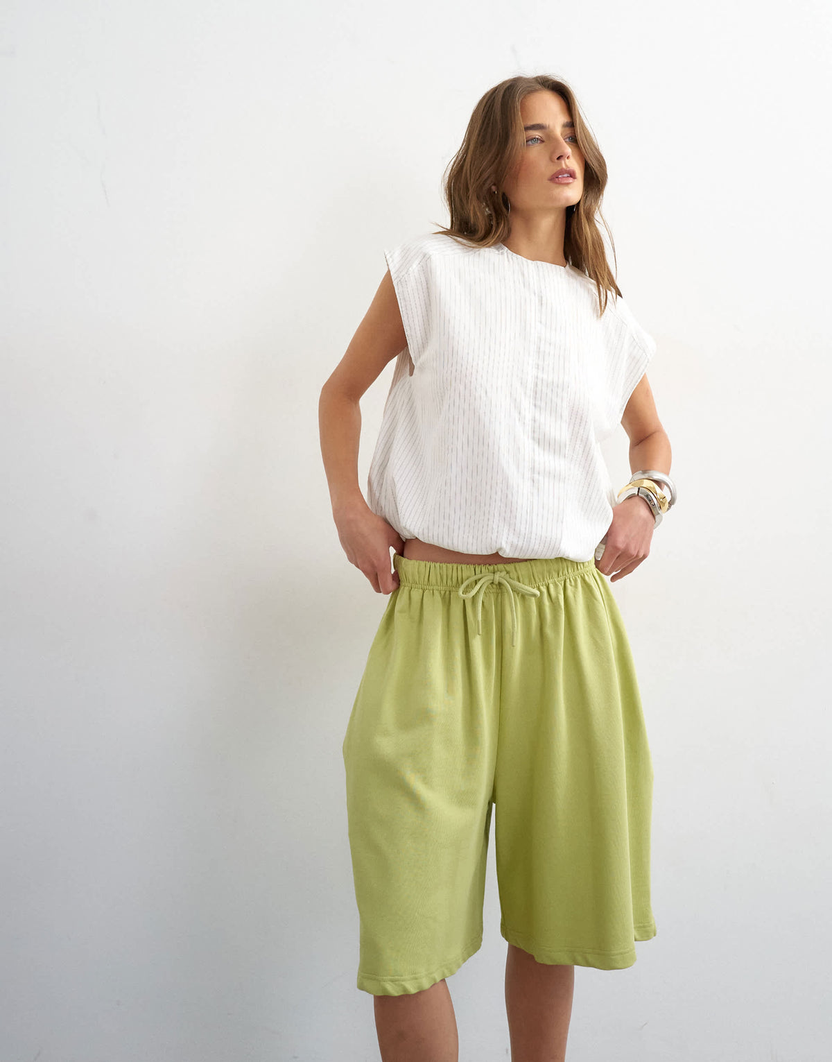 Topshop washed long line tie detail shorts in washed lime