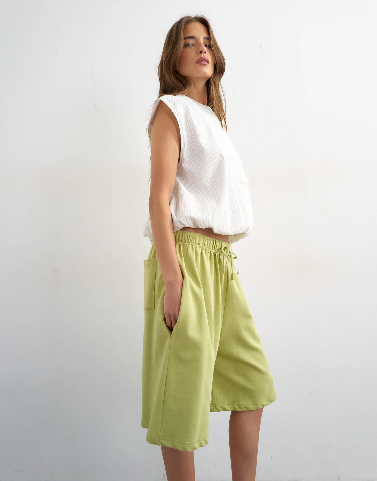 Topshop washed long line tie detail shorts in washed lime