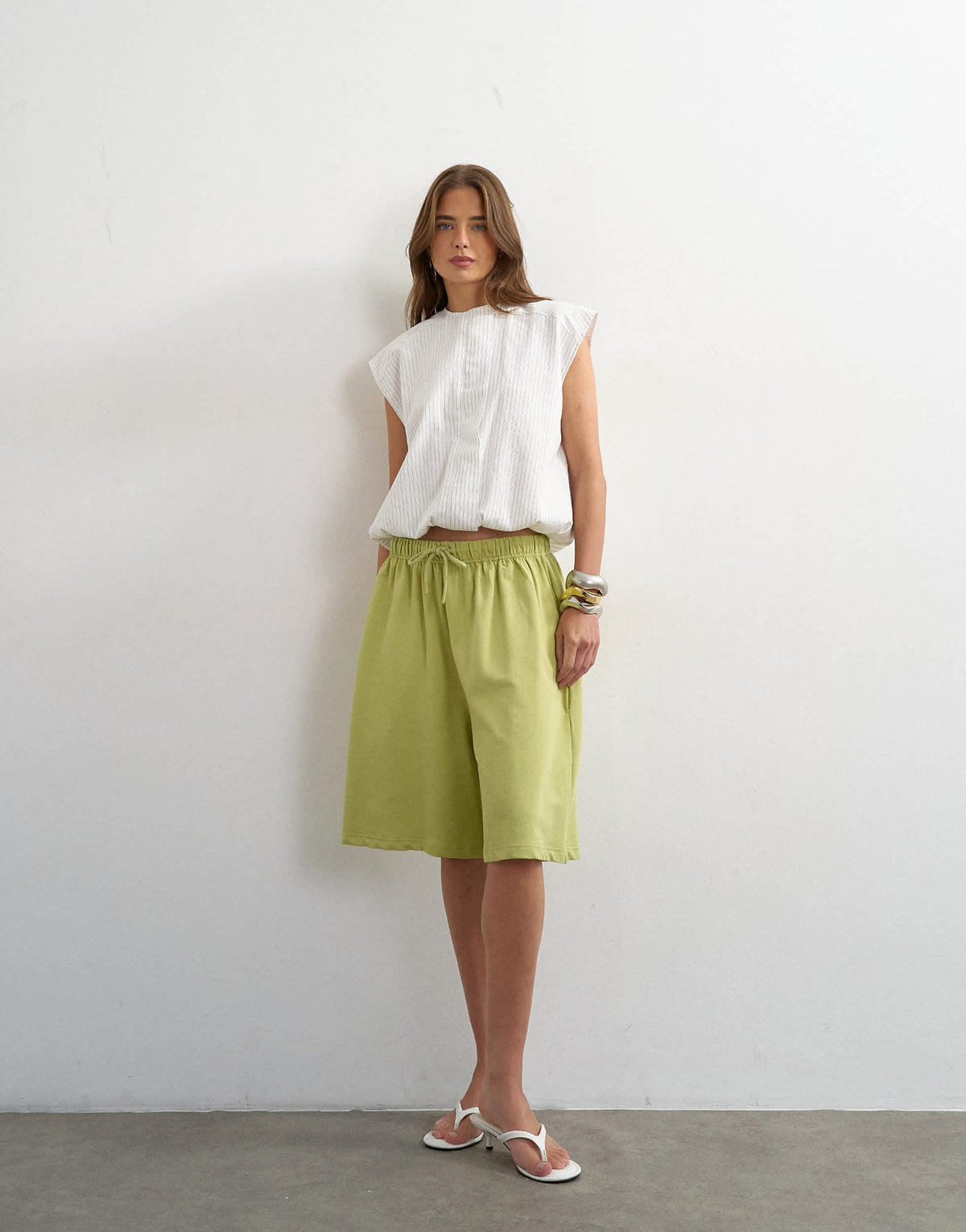 Topshop washed long line tie detail shorts in washed lime