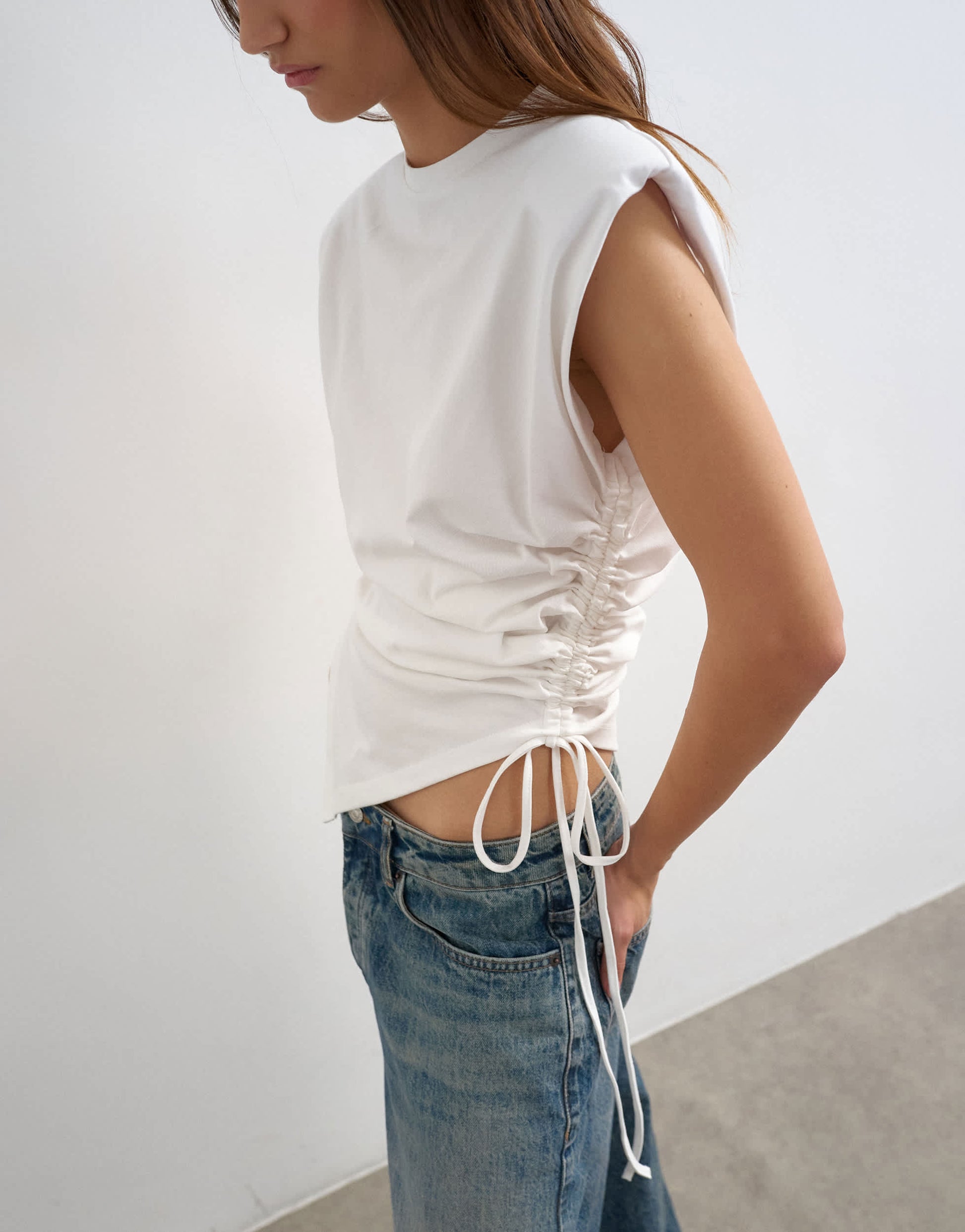 Topshop asymmetric ruched side top in white