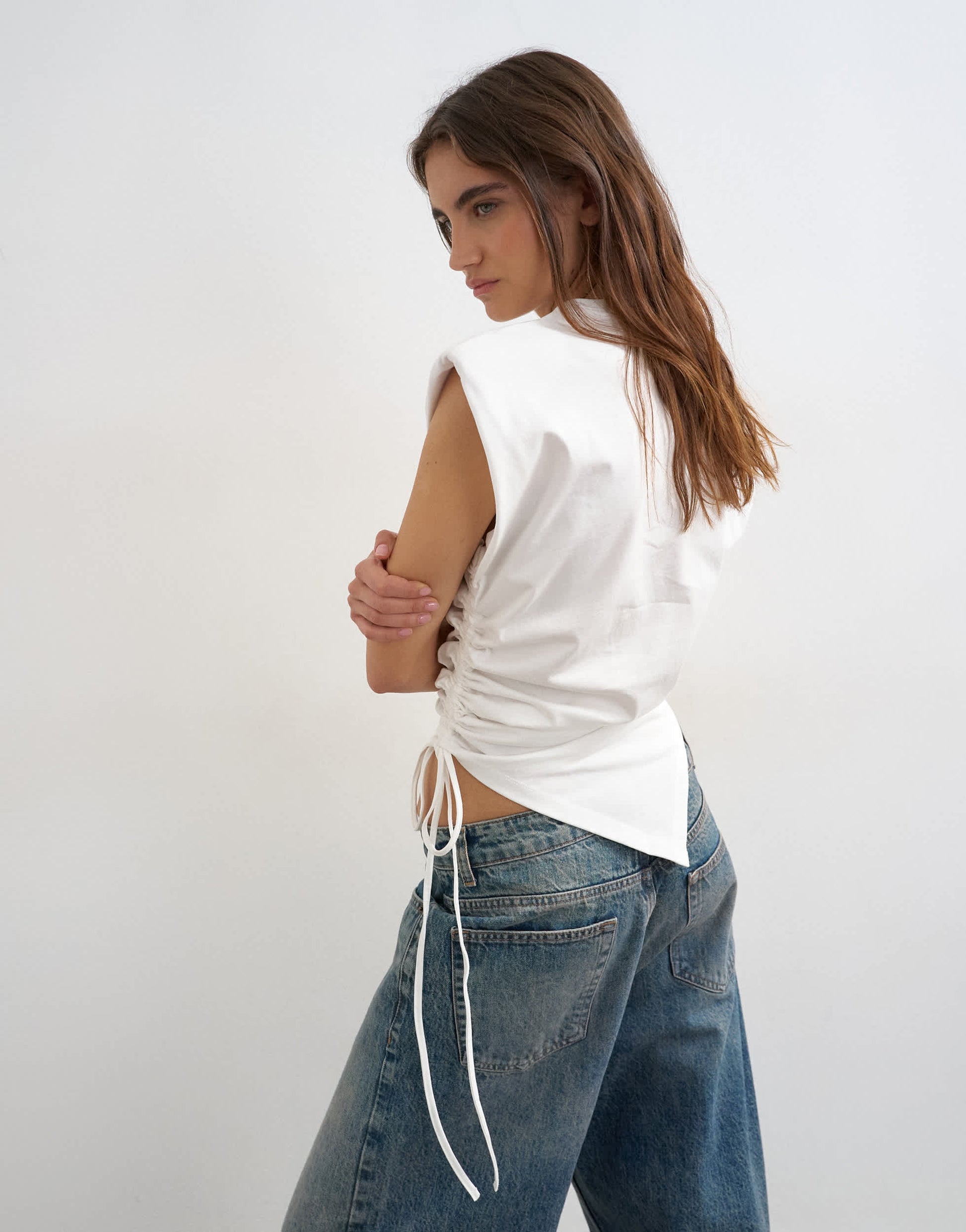 Topshop asymmetric ruched side top in white