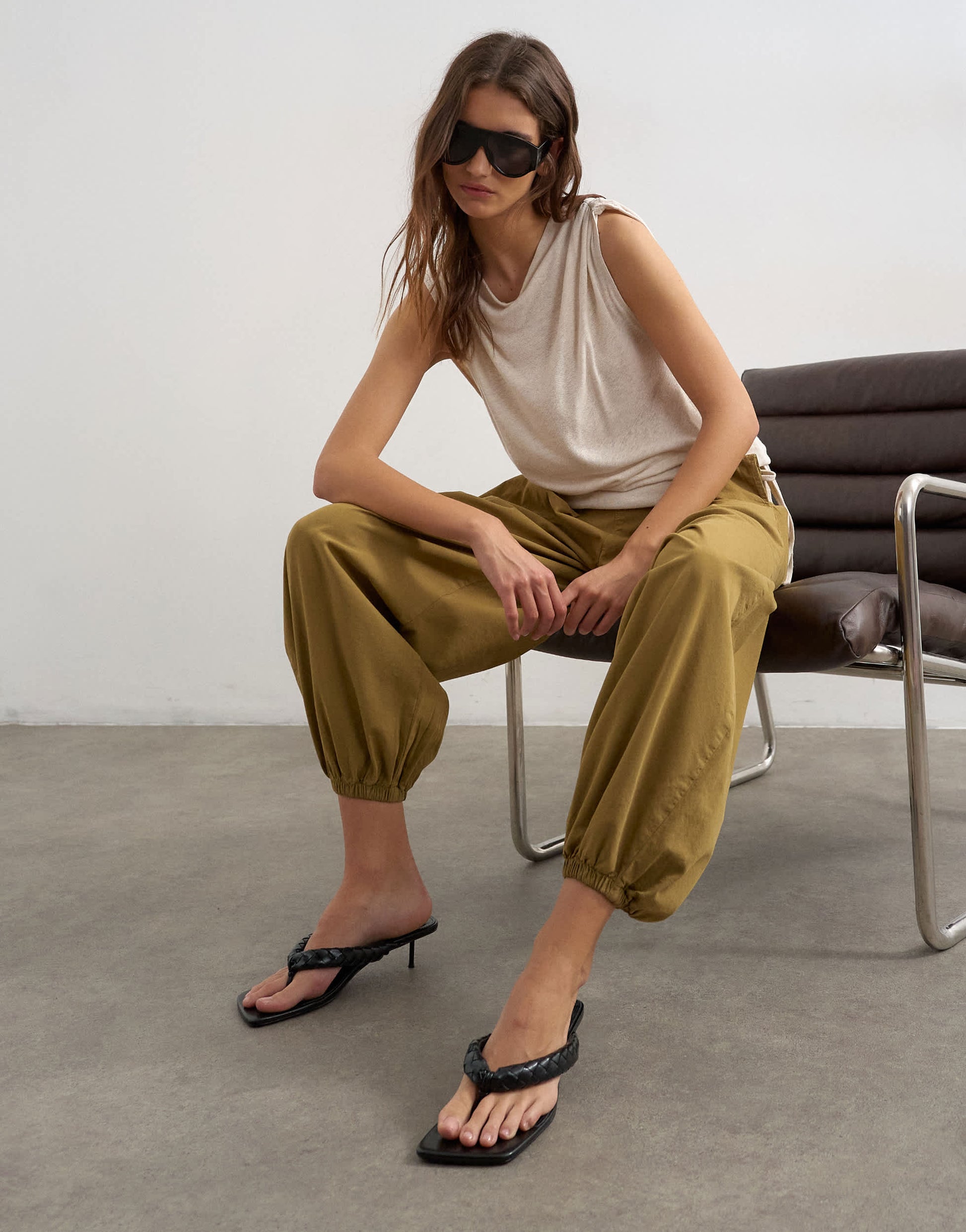 Topshop linen look cowl ruched side top in cream