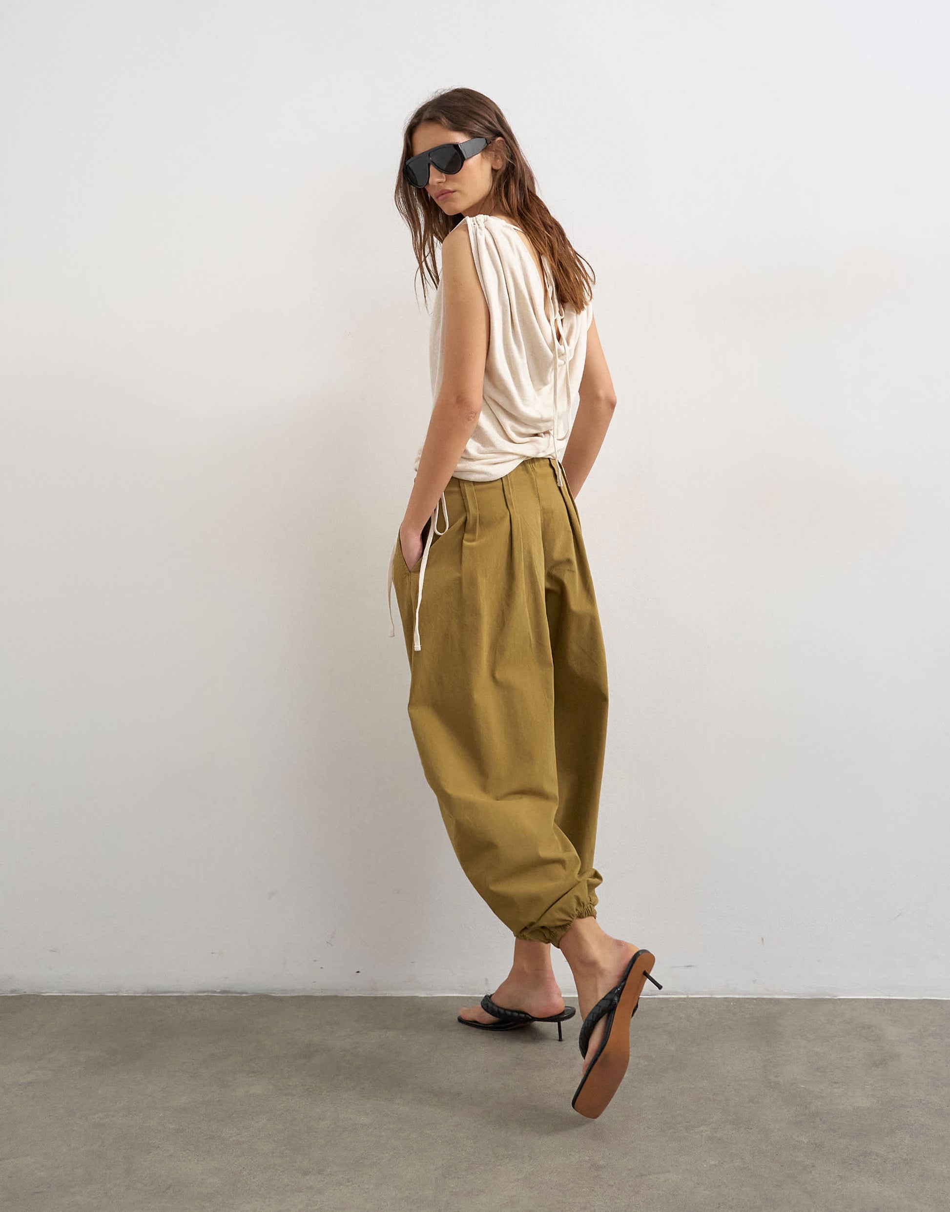 Topshop linen look cowl ruched side top in cream
