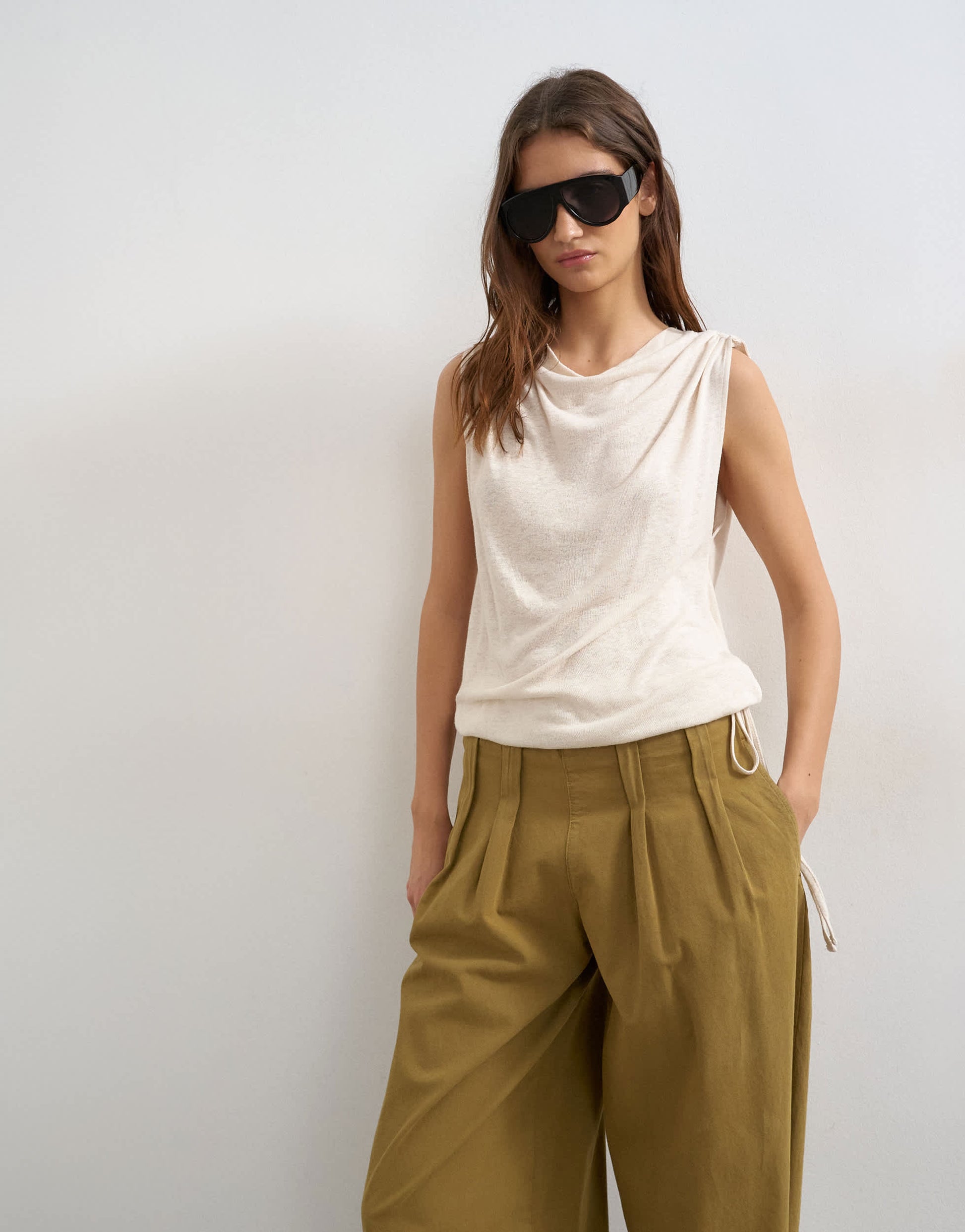 Topshop linen look cowl ruched side top in cream