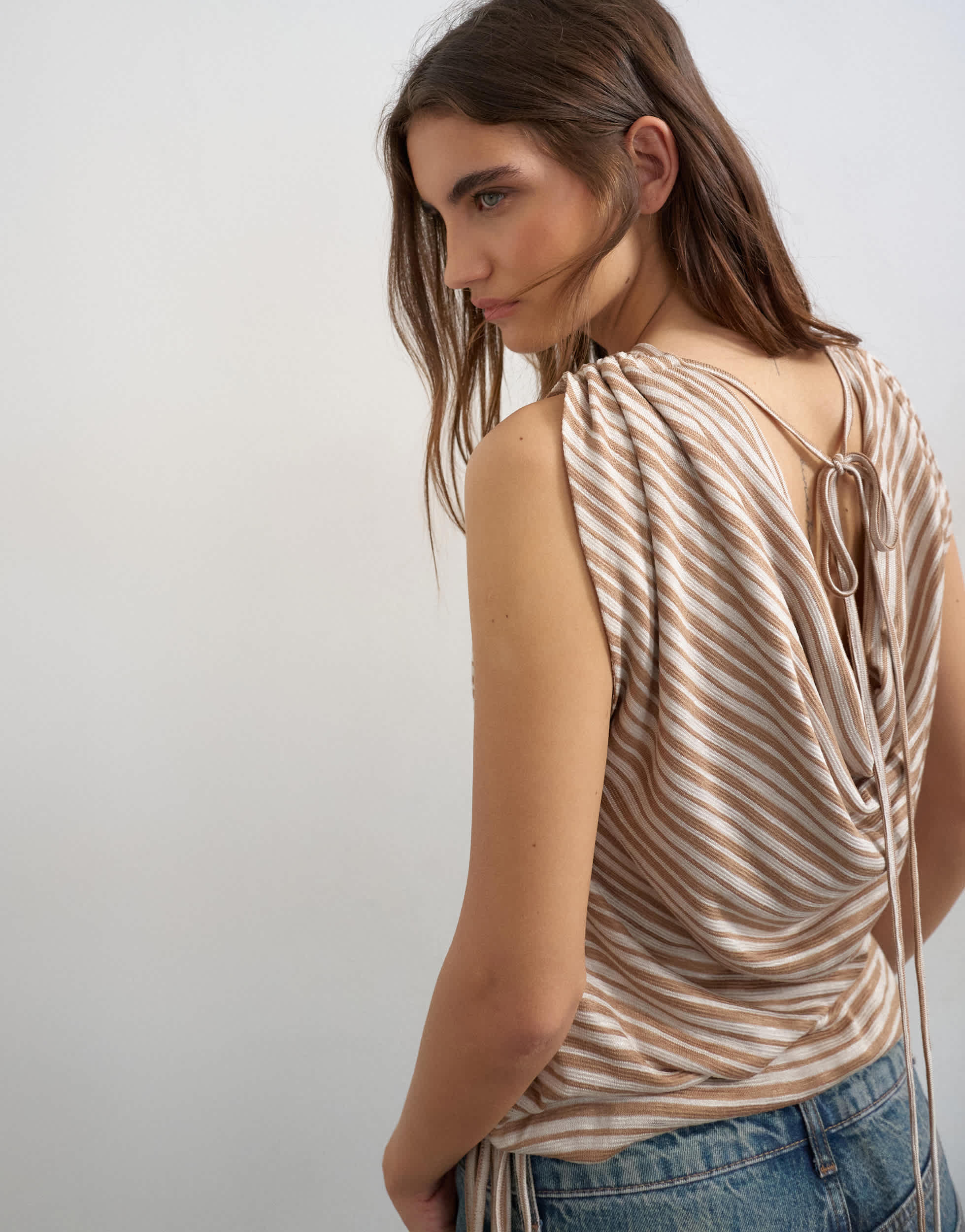 Topshop stripe linen look cowl ruched side top in neutral
