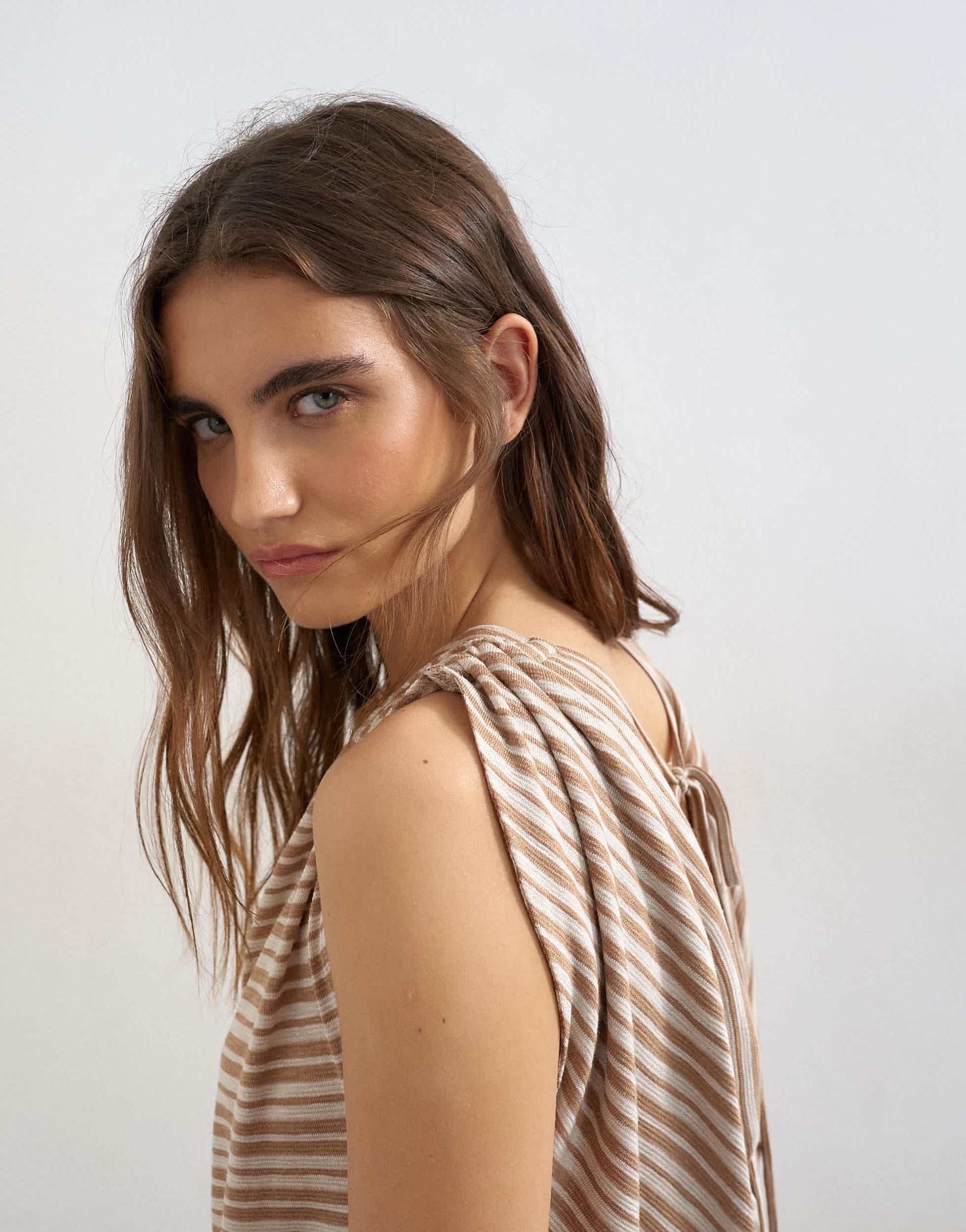 Topshop stripe linen look cowl ruched side top in neutral