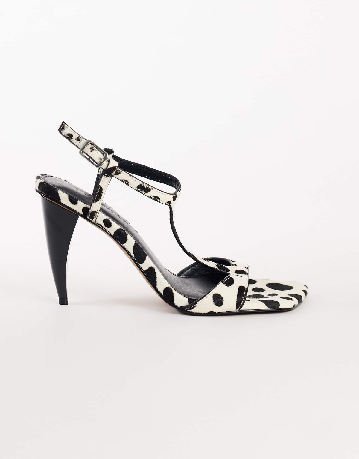 Topshop Willow T bar banana heel sandal in dalmatian hair on real leather
