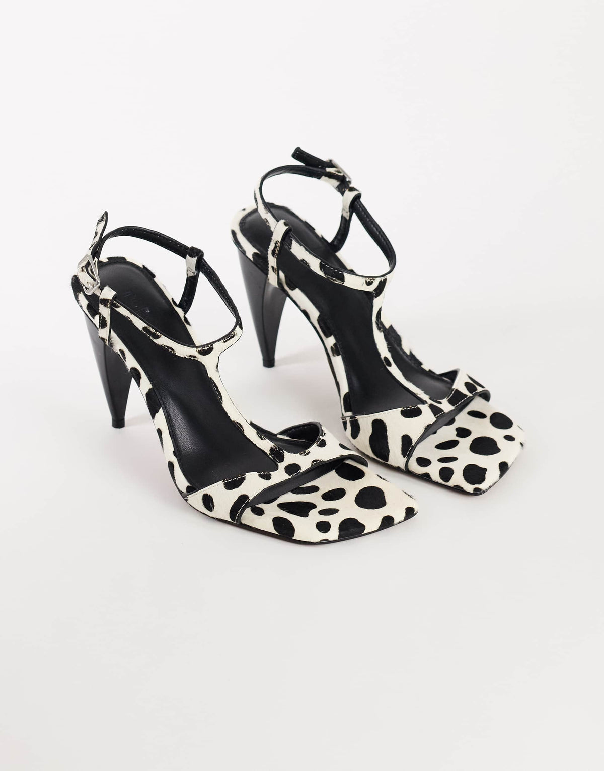 Topshop Willow T bar banana heel sandal in dalmatian hair on real leather