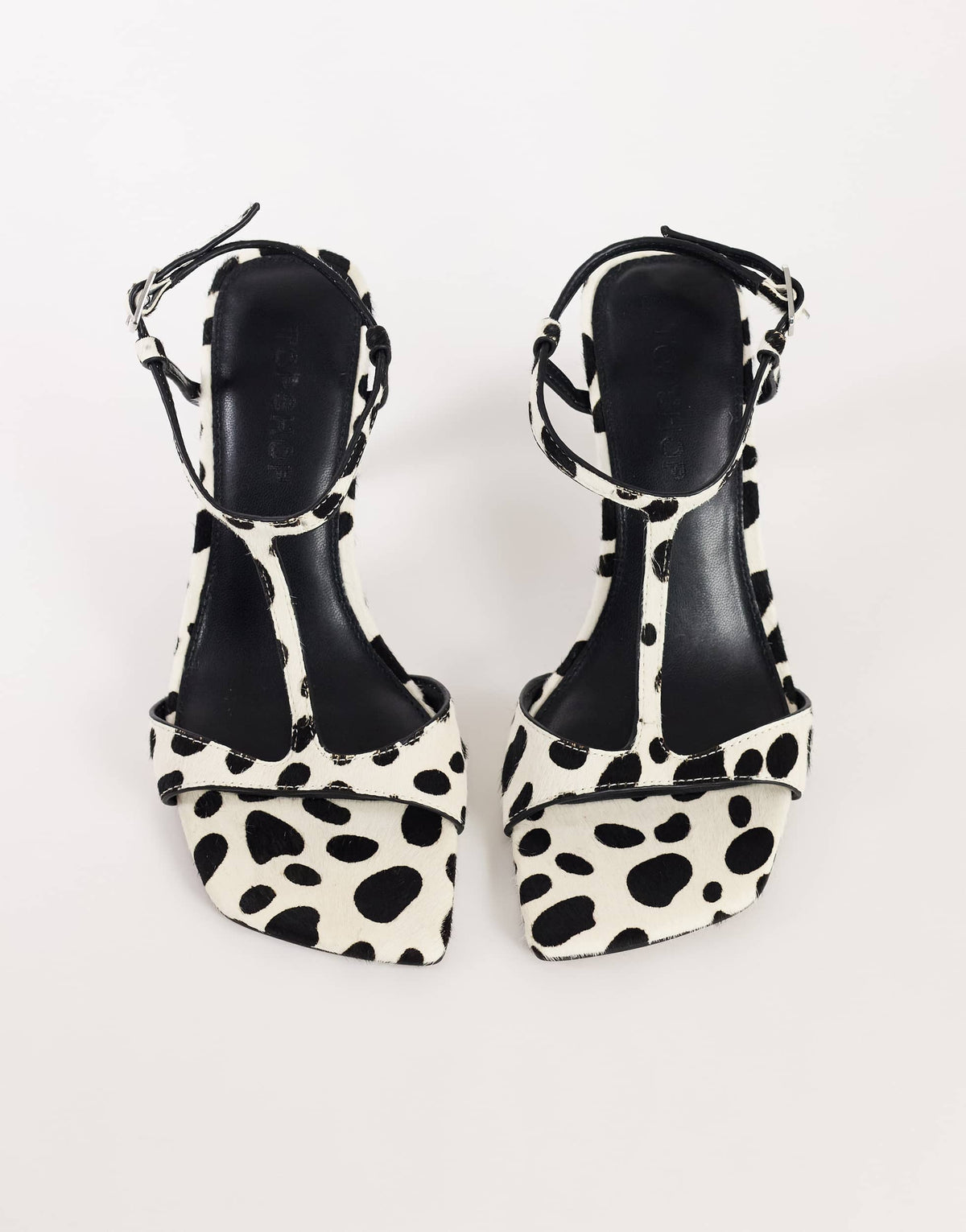 Topshop Willow T bar banana heel sandal in dalmatian hair on real leather