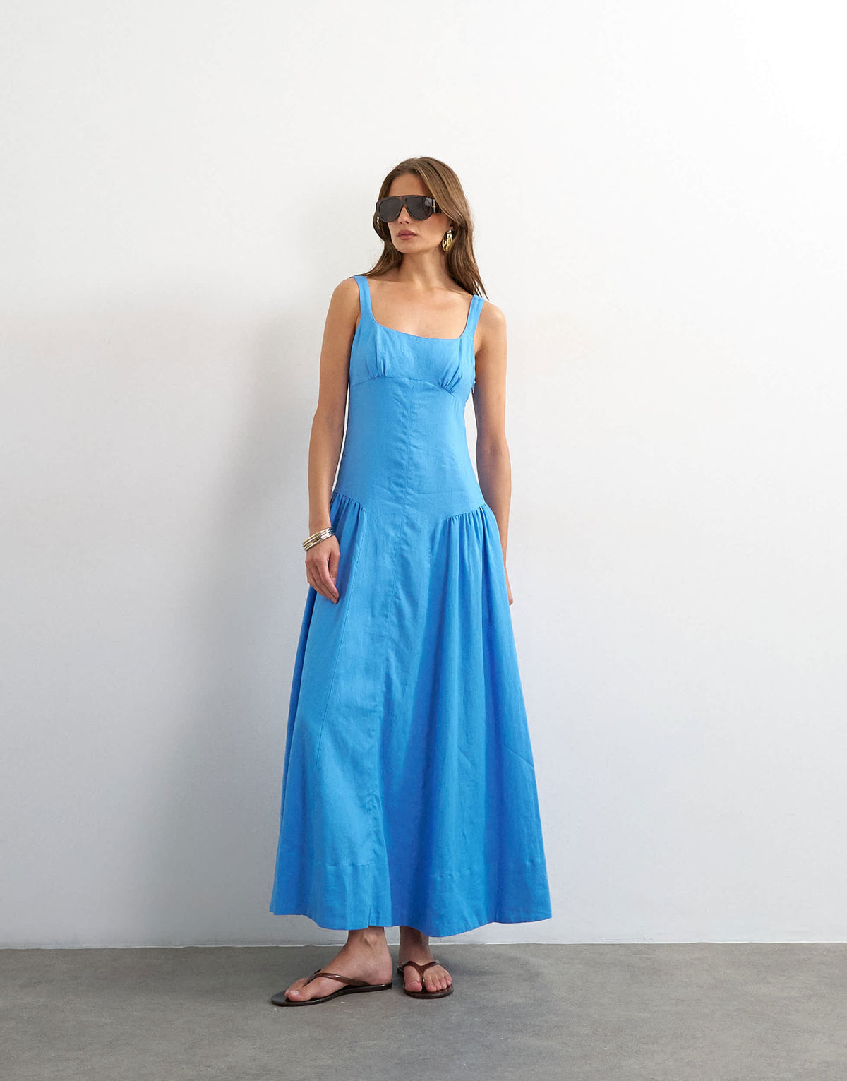 Topshop linen rich dropped waist maxi sundress in cornflower blue