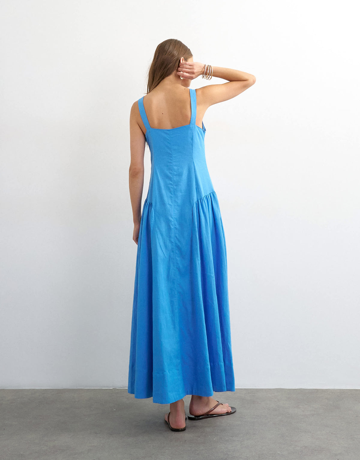 Topshop linen rich dropped waist maxi sundress in cornflower blue