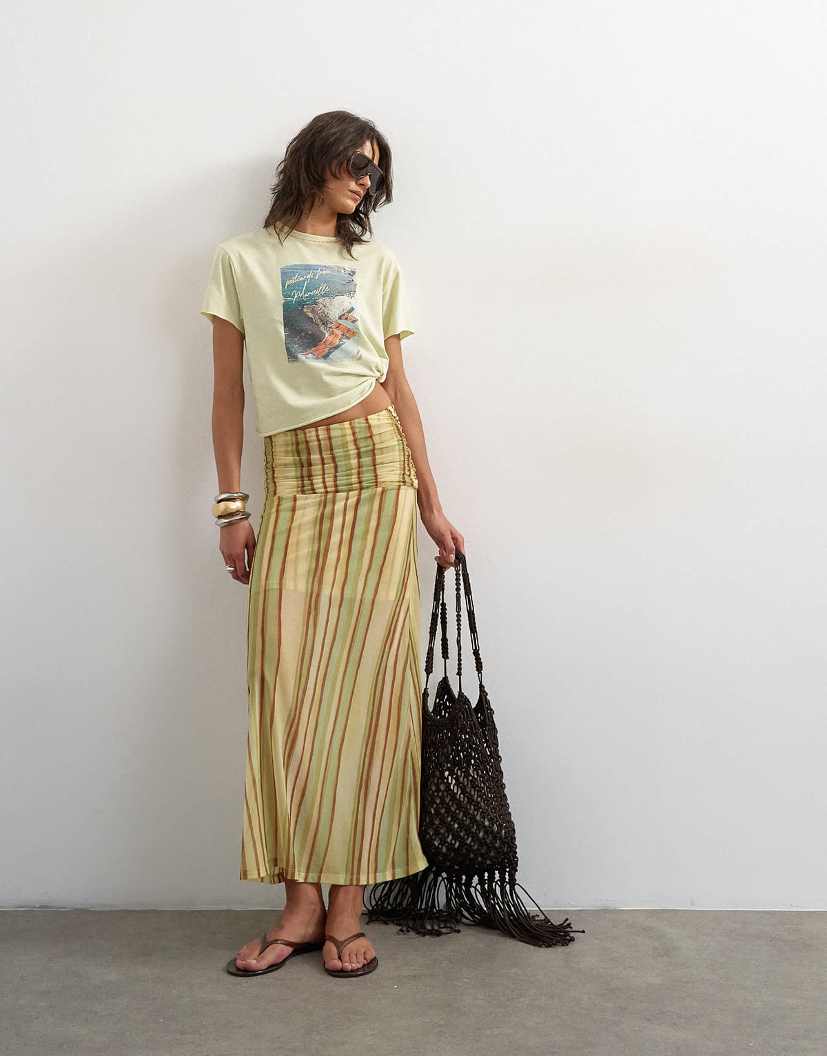 Topshop ruched stripe skirt in green