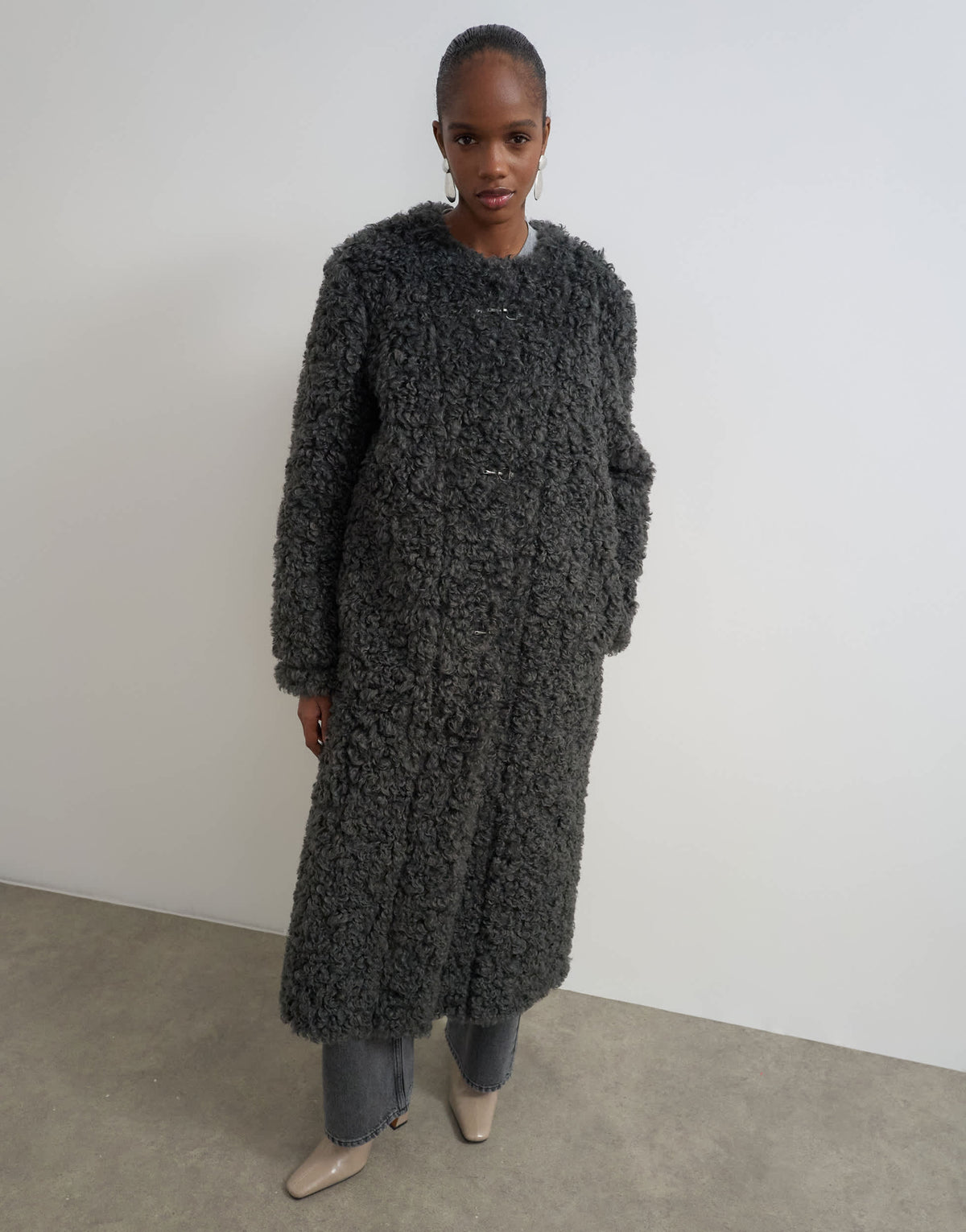 Topshop borg collarless long coat in charcoal