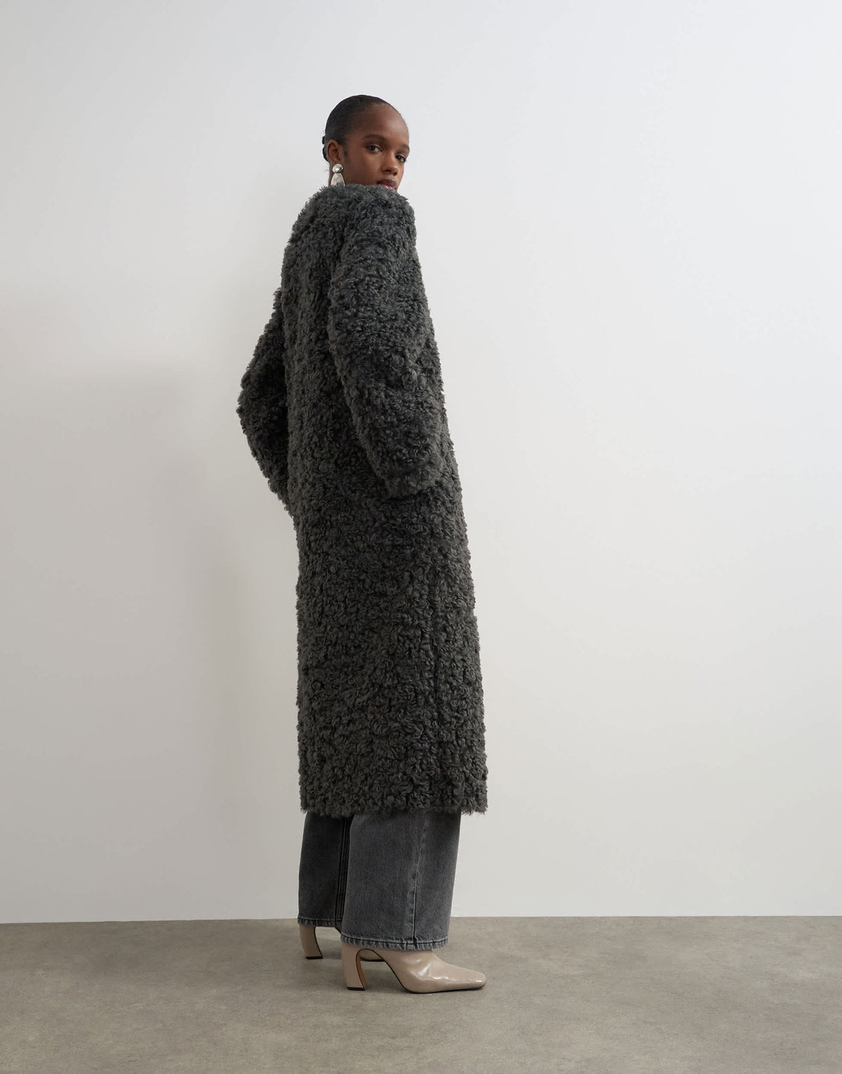 Topshop borg collarless long coat in charcoal