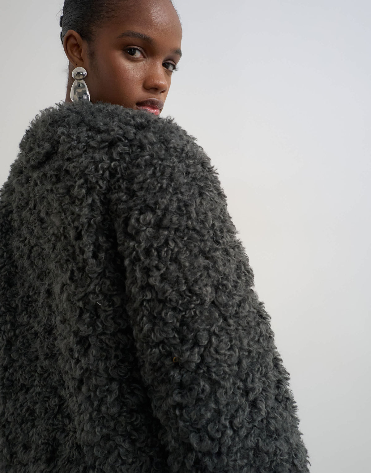 Topshop borg collarless long coat in charcoal