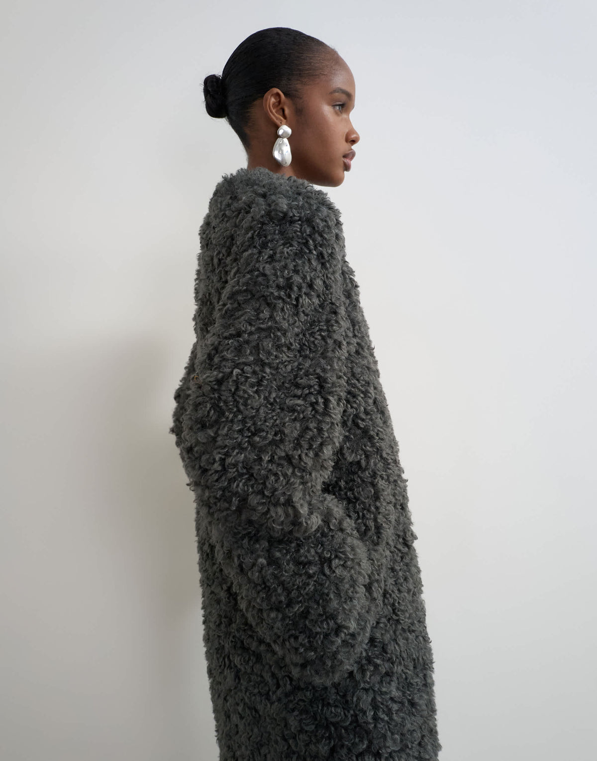 Topshop borg collarless long coat in charcoal