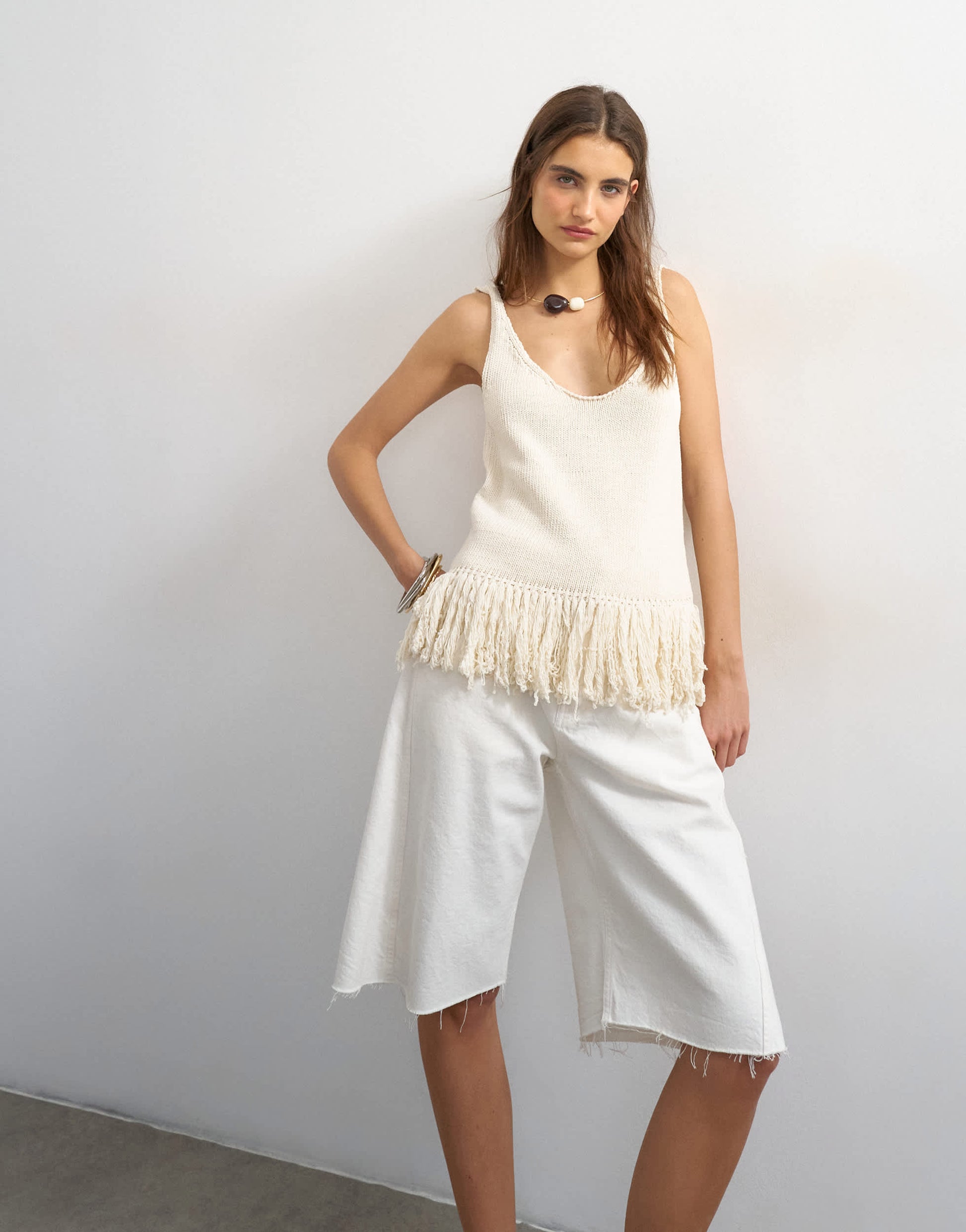 Topshop knitted fringe top in ecru