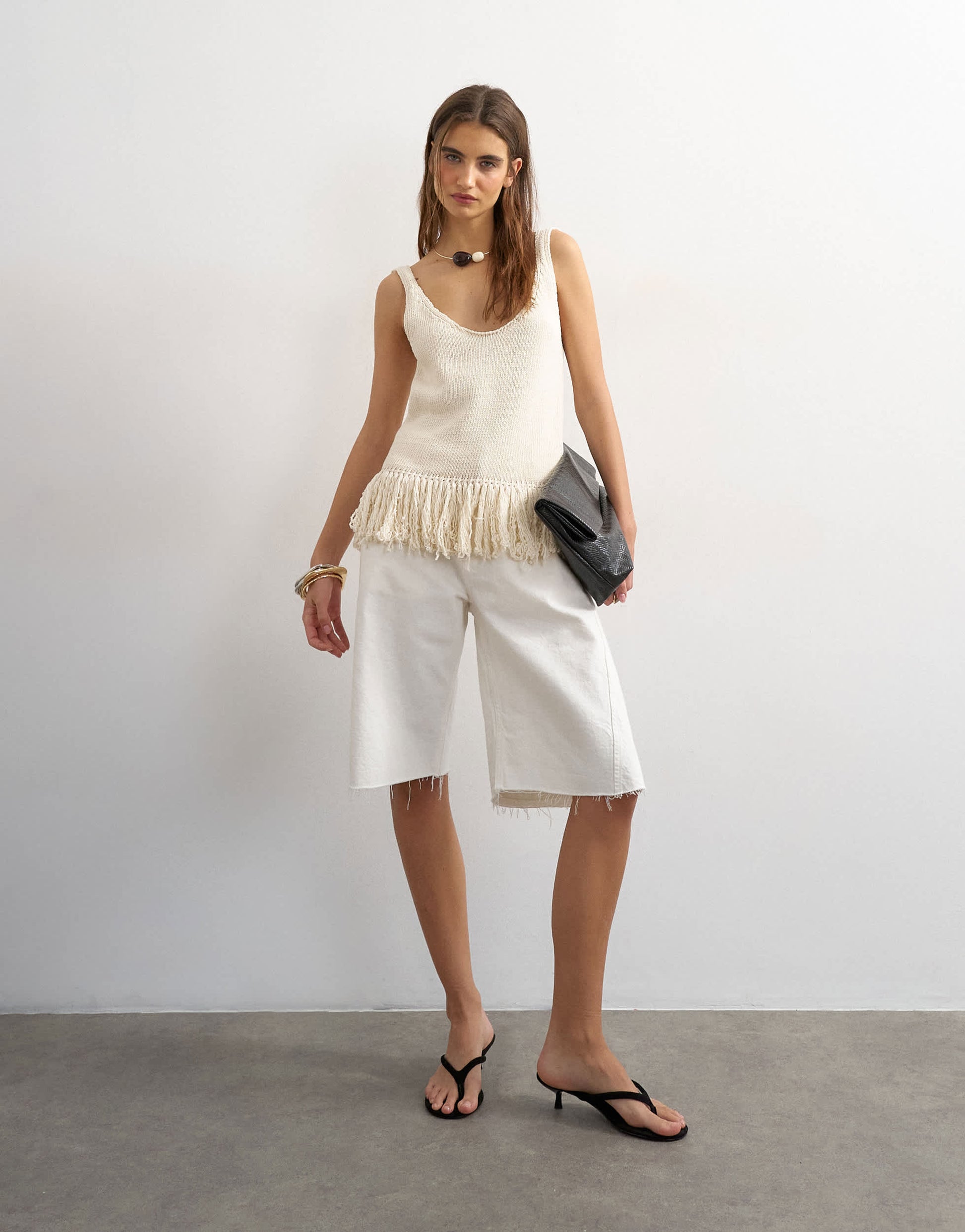Topshop knitted fringe top in ecru