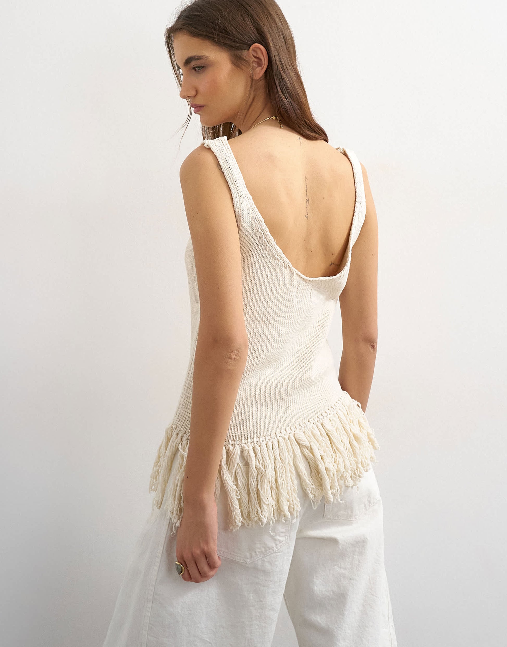 Topshop knitted fringe top in ecru
