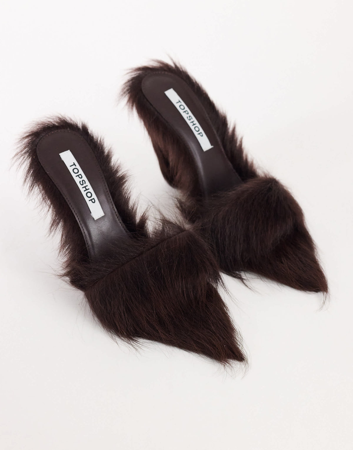 Topshop Willa cone heel mule in chocolate hair on real leather 