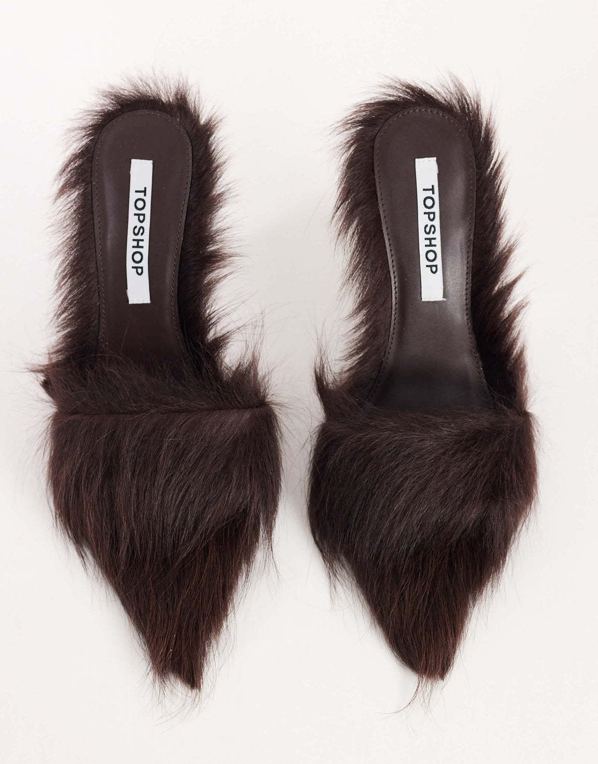Topshop Willa cone heel mule in chocolate hair on real leather 