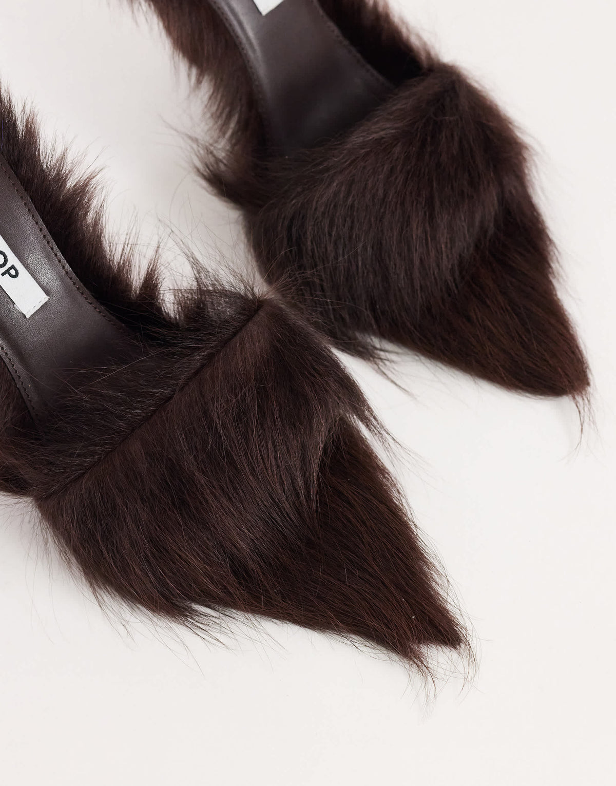Topshop Willa cone heel mule in chocolate hair on real leather 