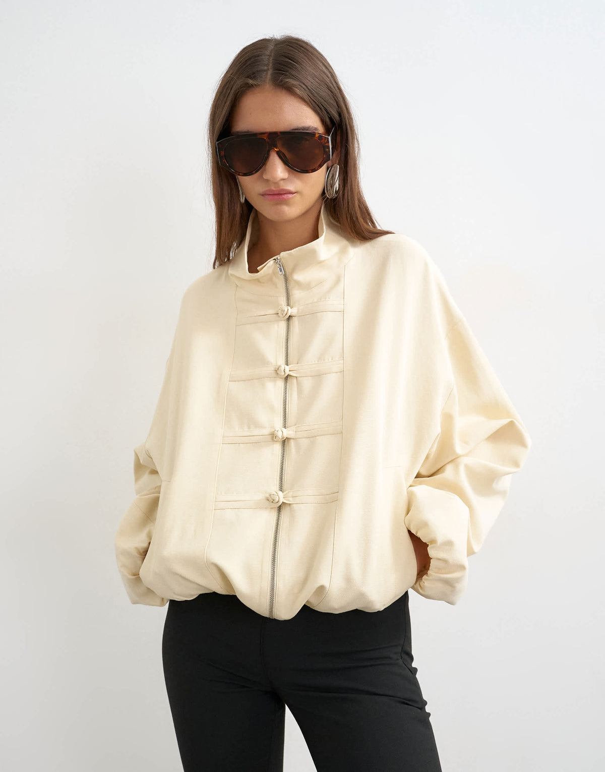 Topshop bomber mandarin collar jacket in ecru