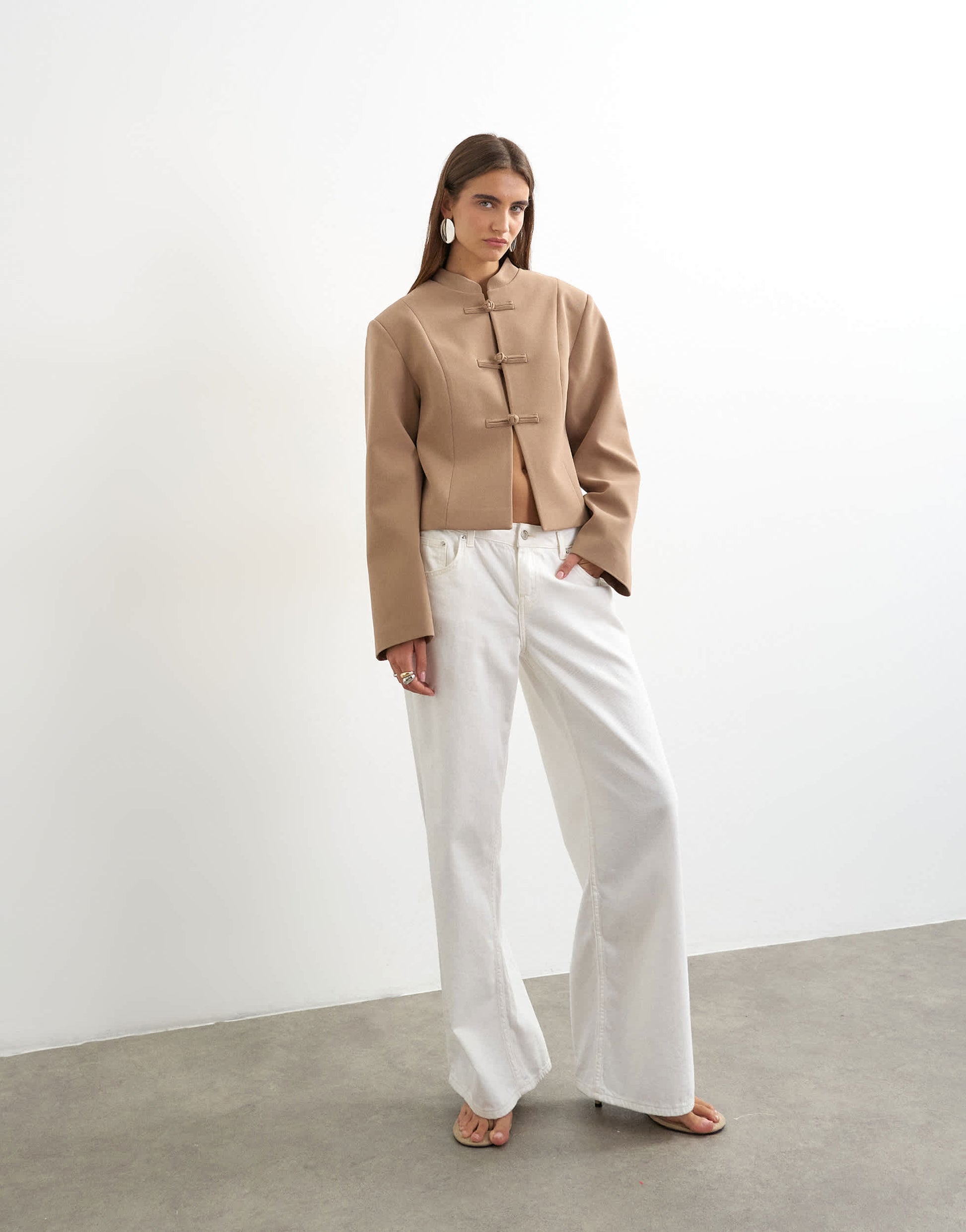 Topshop mandarin collar blazer in brown