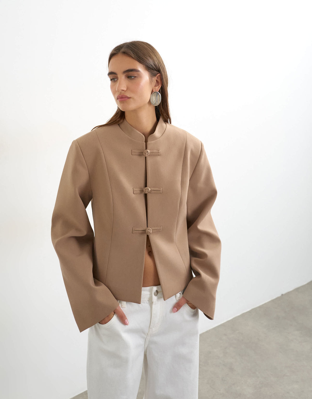 Topshop mandarin collar blazer in brown