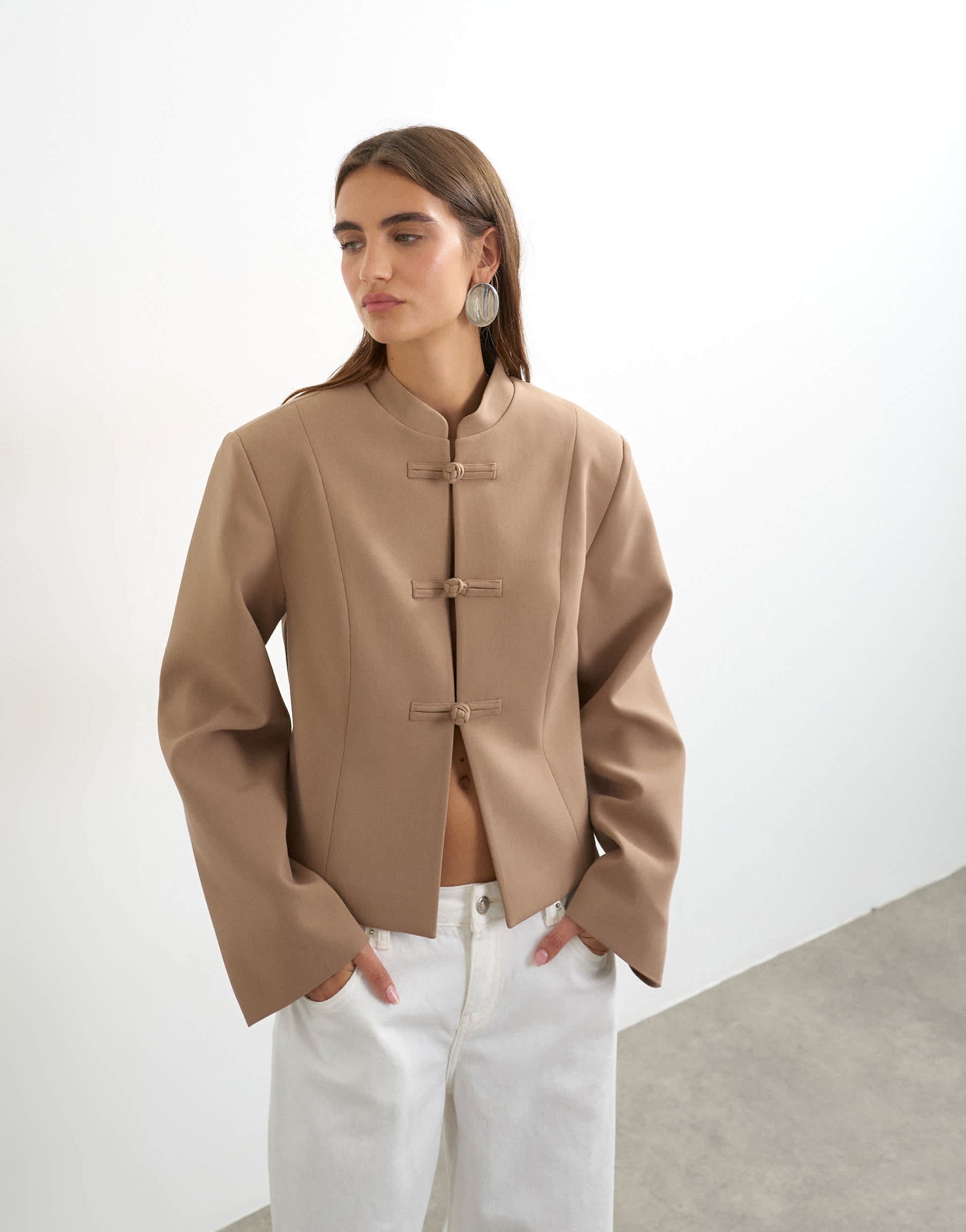 Topshop mandarin collar blazer in brown