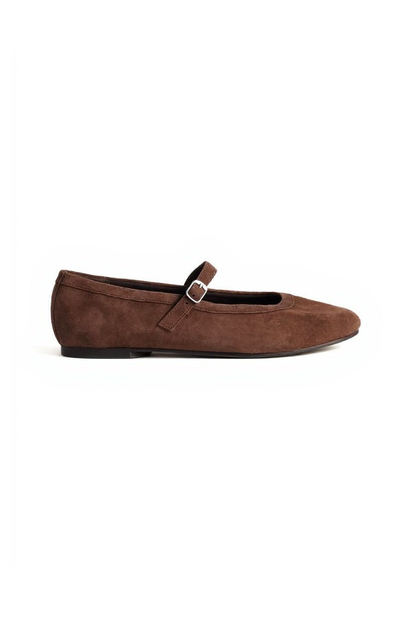 Topshop Billy real suede ballet flat with buckle in chocolate