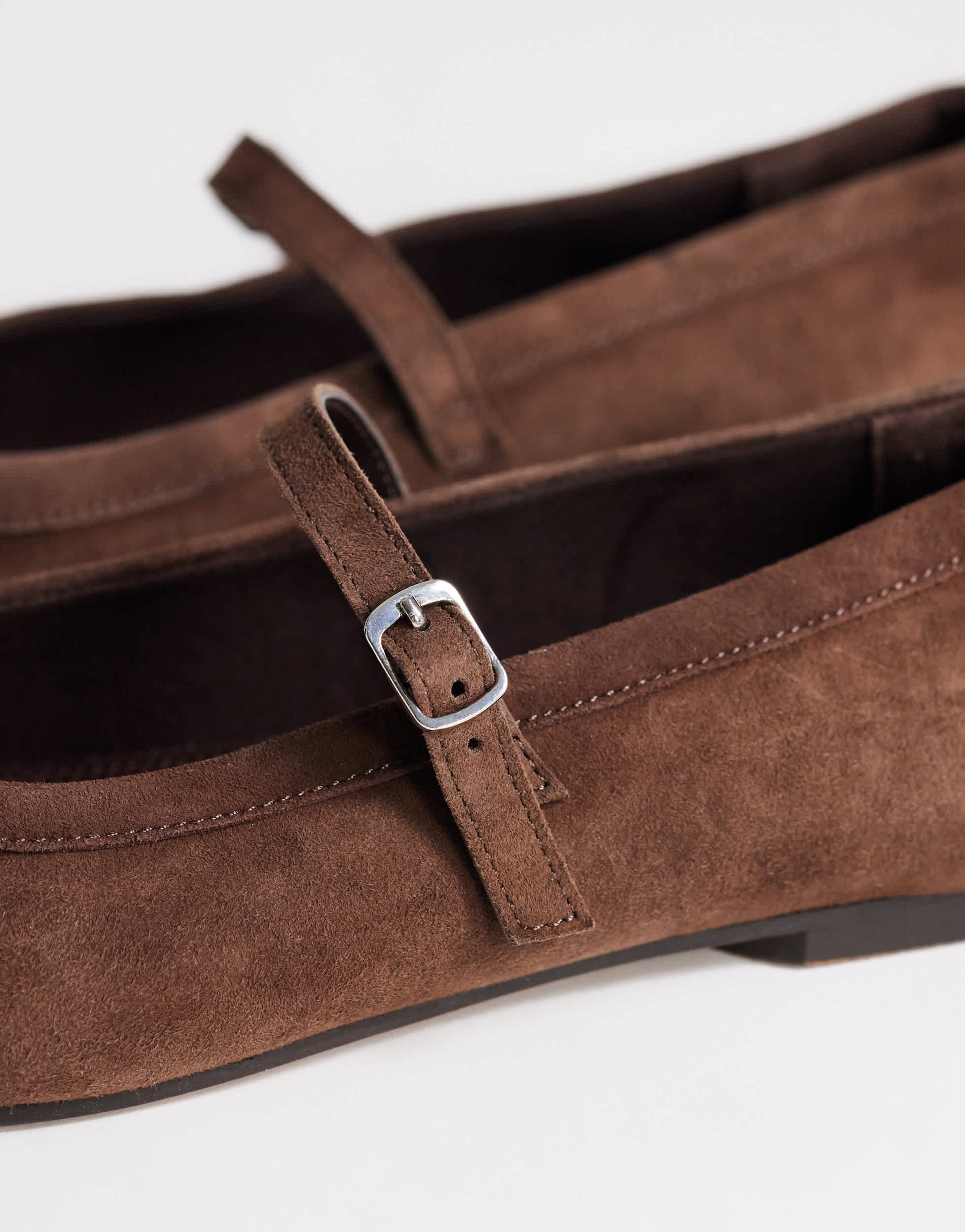 Topshop Billy real suede ballet flat with buckle in chocolate