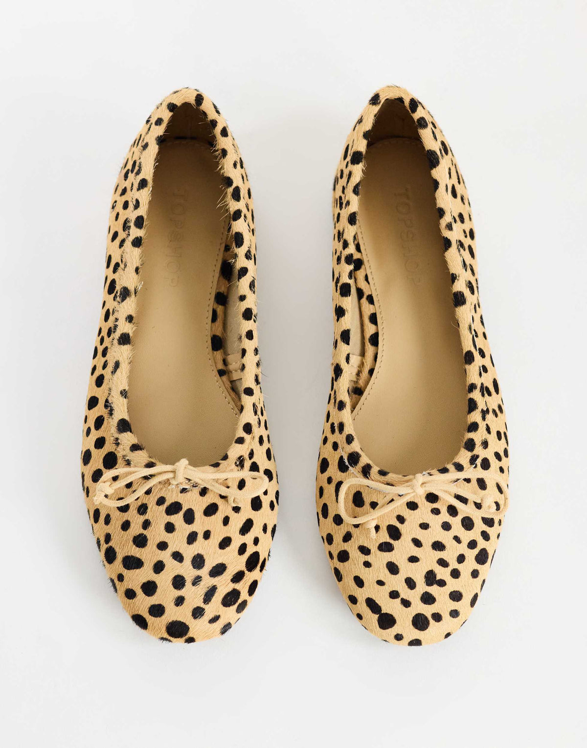 Topshop Dottie real leather block heel ballet shoe in caramel deer print hair on real leather