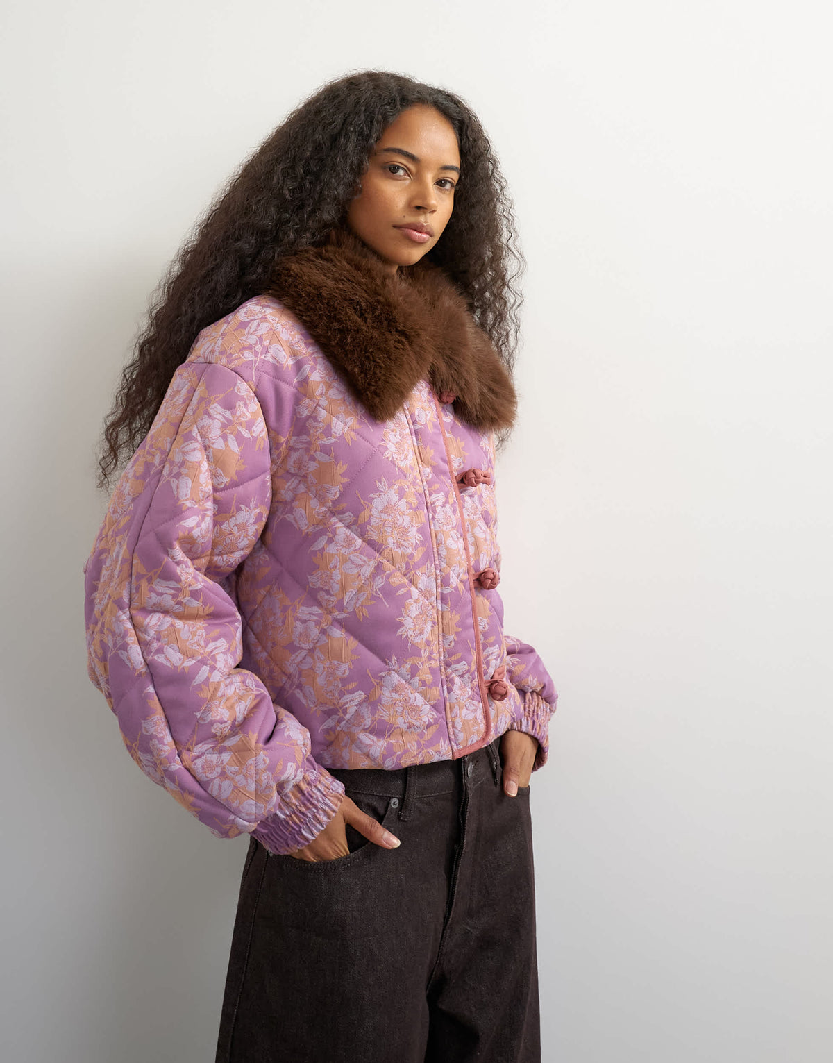 Topshop printed fur collar jacket in pink