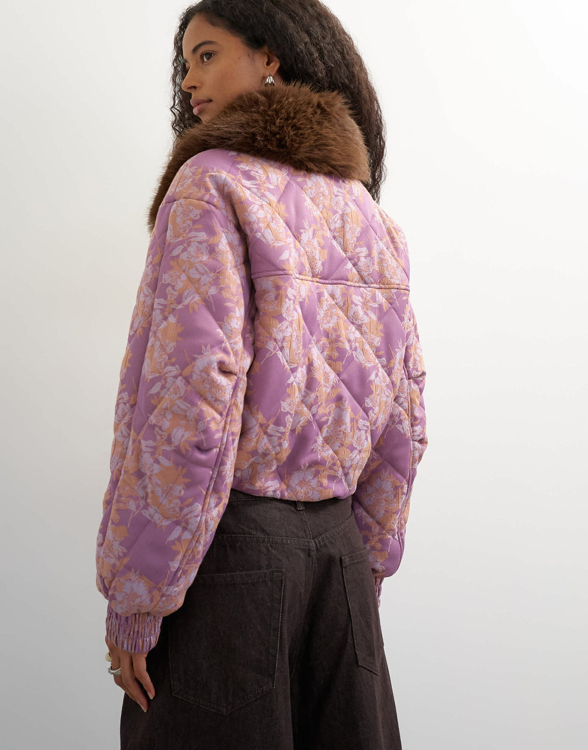 Topshop printed fur collar jacket in pink