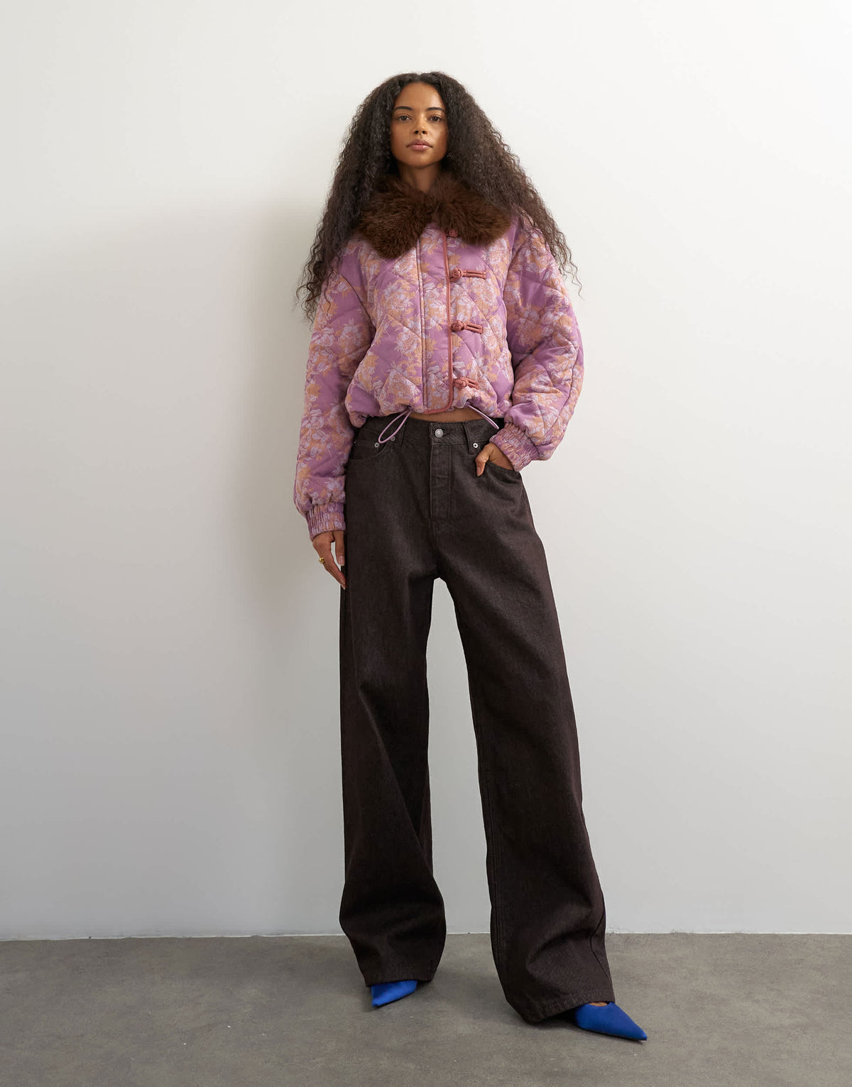 Topshop printed fur collar jacket in pink