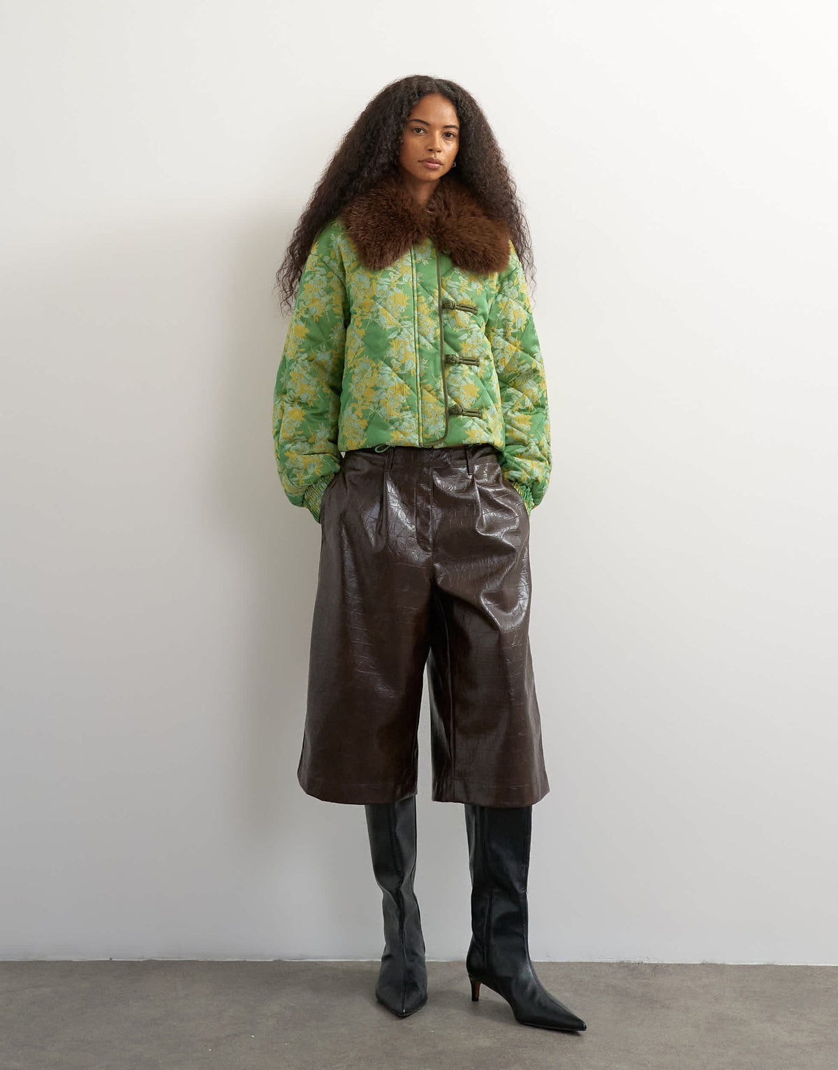 Topshop printed fur collar jacket in green