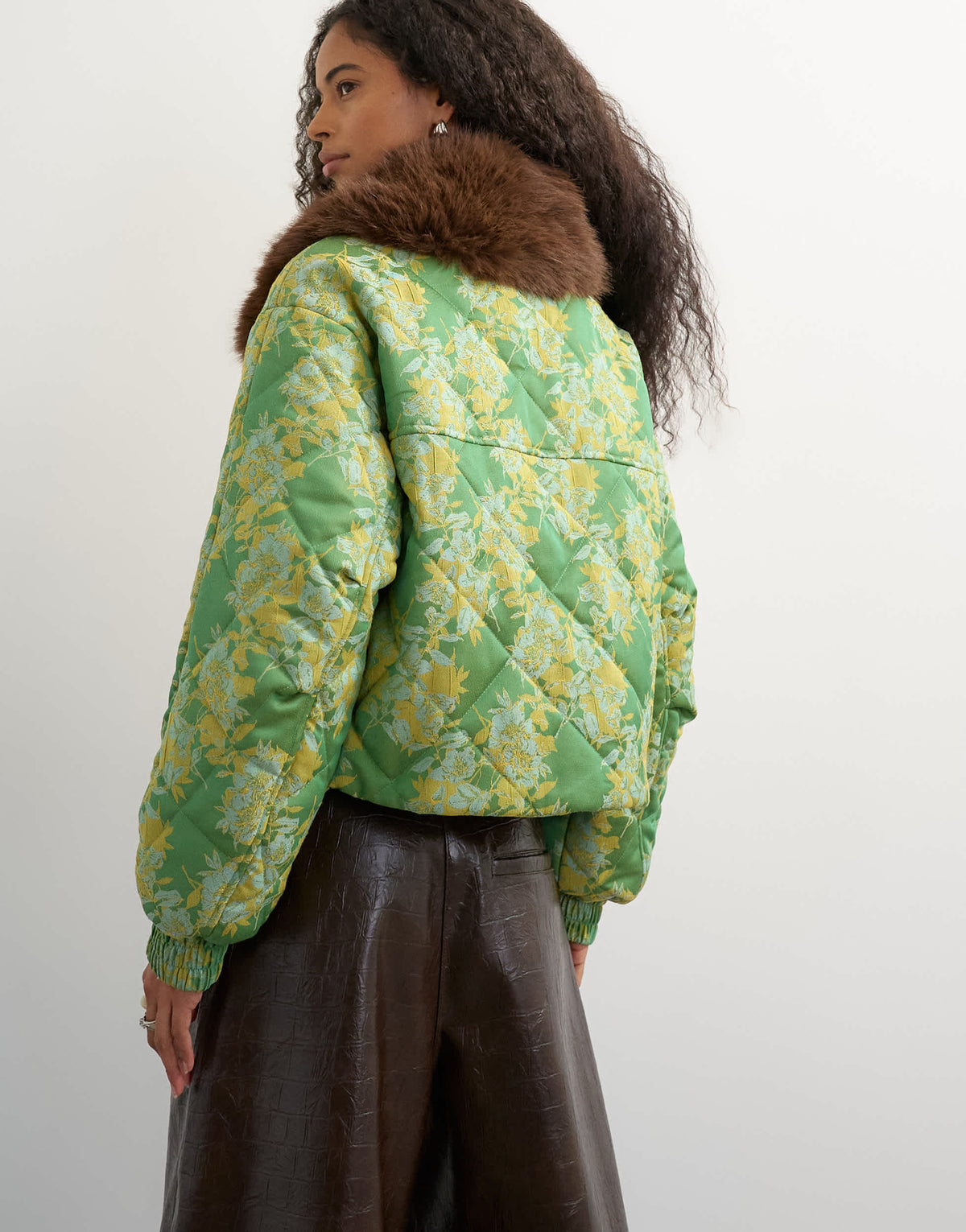 Topshop printed fur collar jacket in green