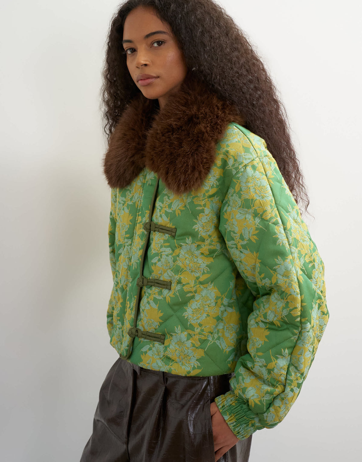 Topshop printed fur collar jacket in green