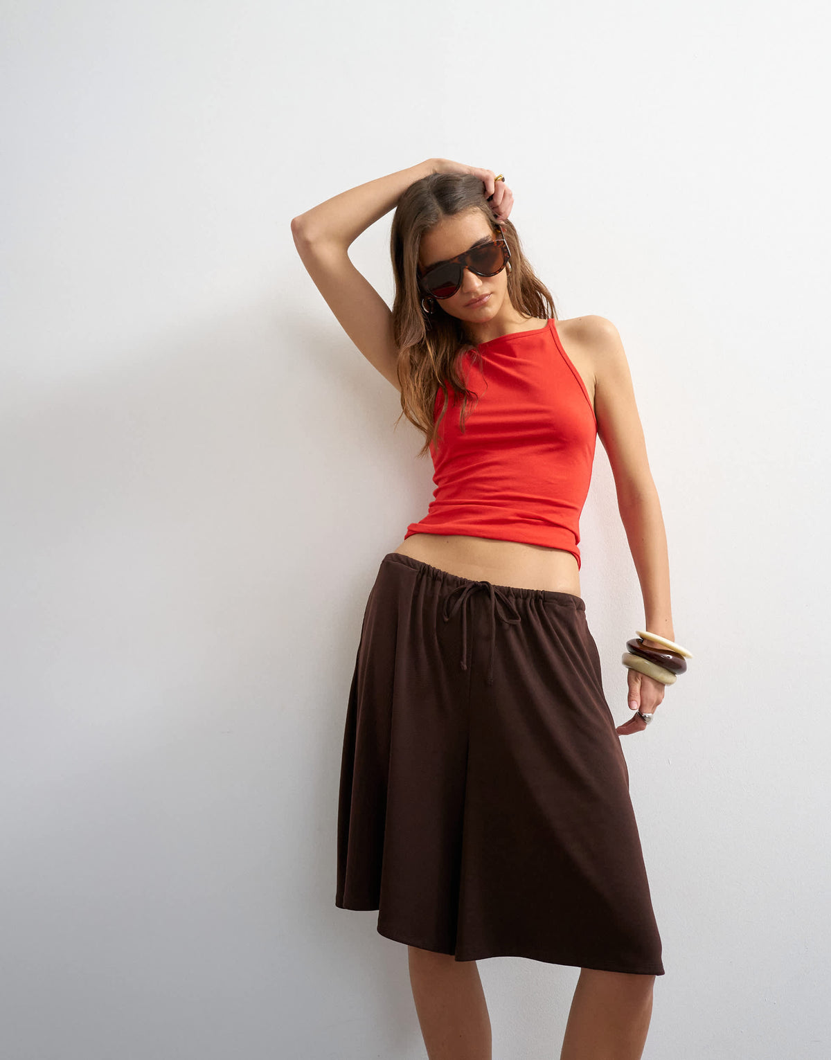 Topshop cupro bermuda drawstring shorts in brown