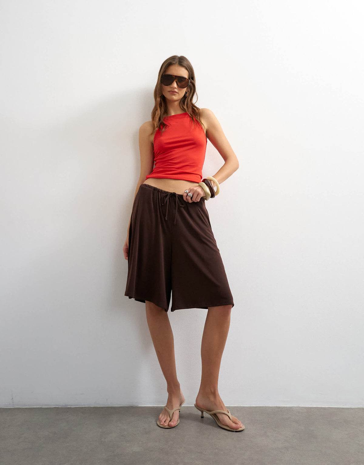 Topshop cupro bermuda drawstring shorts in brown
