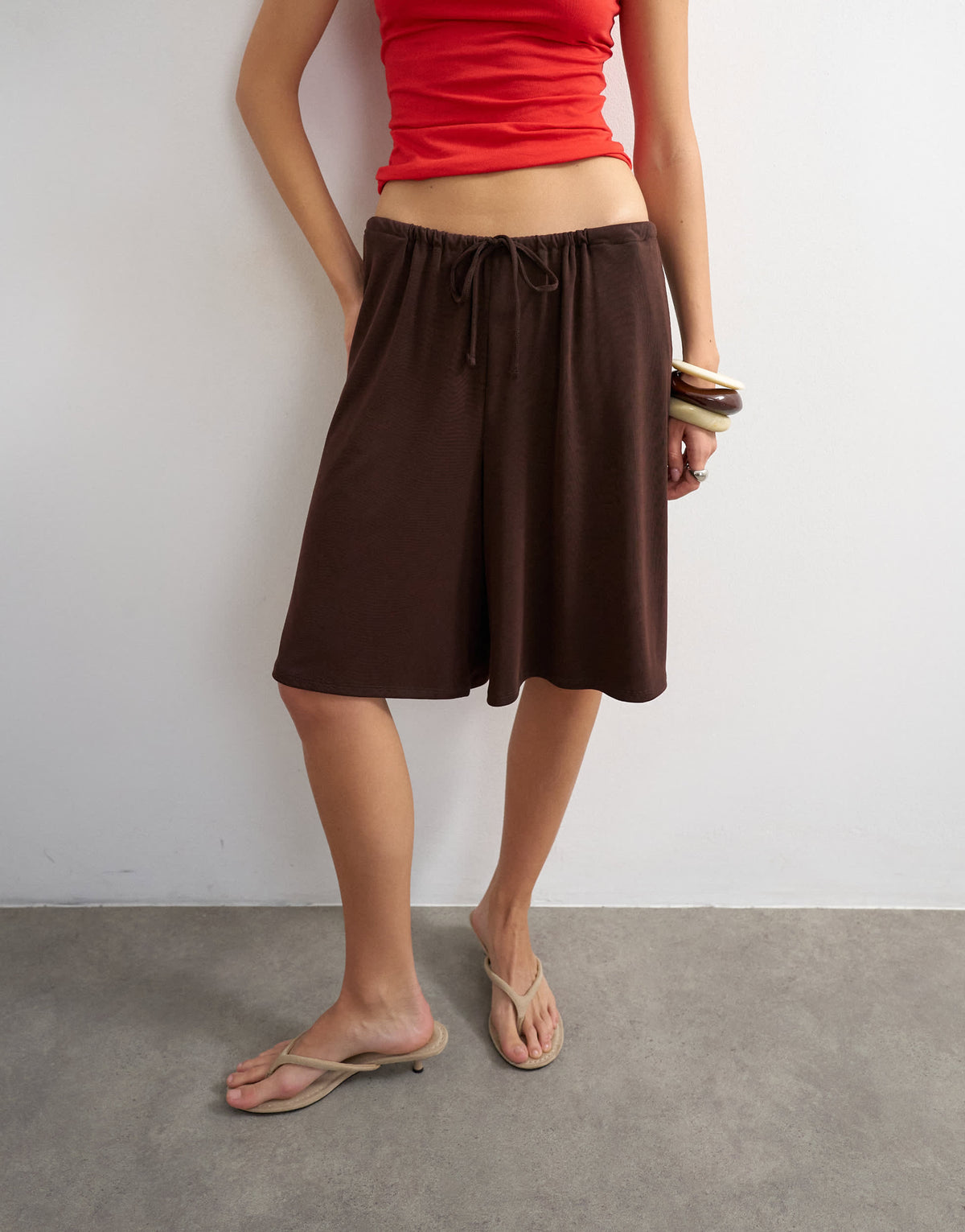 Topshop cupro bermuda drawstring shorts in brown