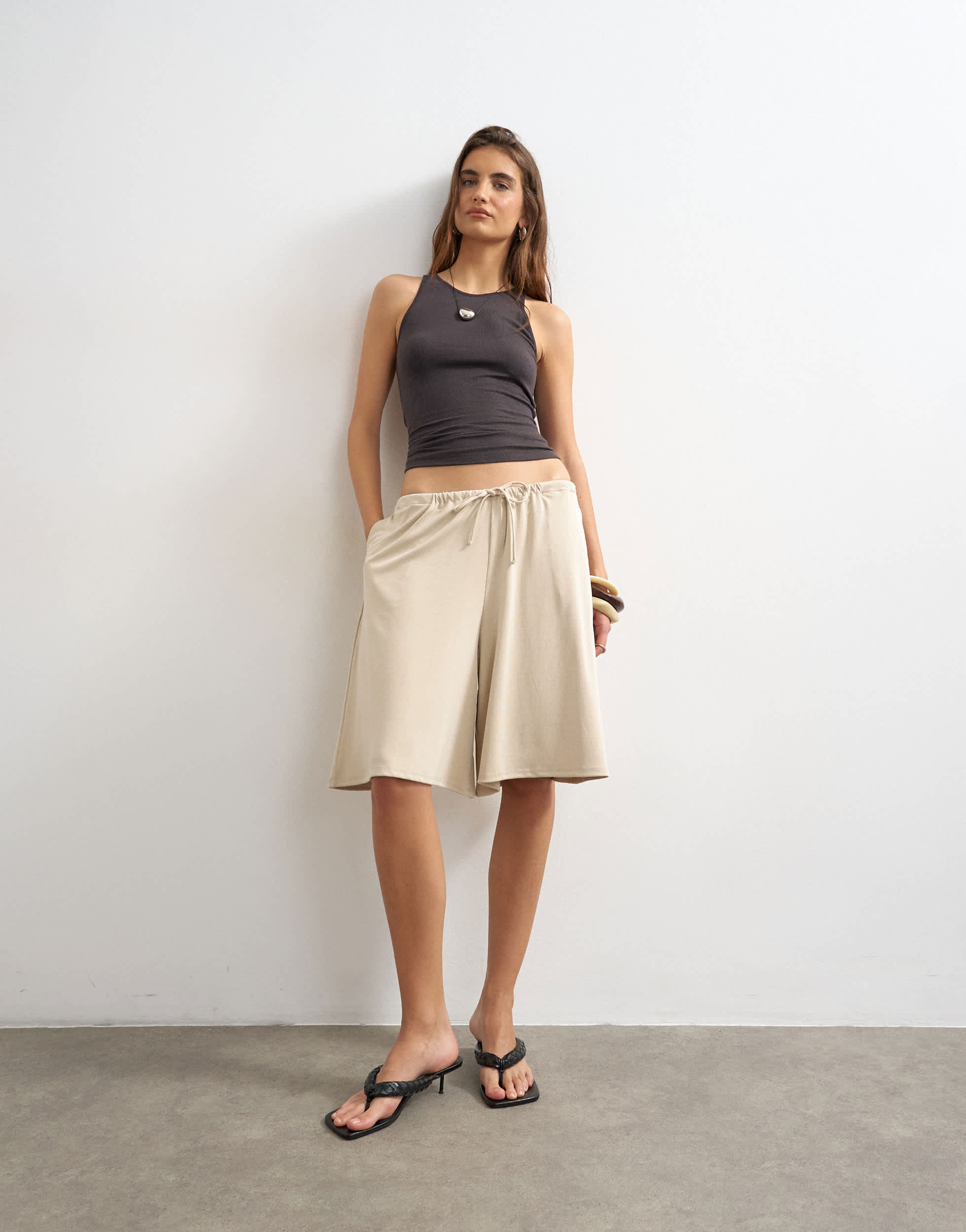 Topshop cupro bermuda drawstring shorts in cream